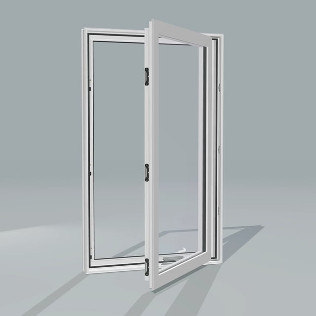 Angled exterior configurator view of the 32 × 52 inch casement, white exterior / white interior, without nailing flange, casement sashes open 45 degrees