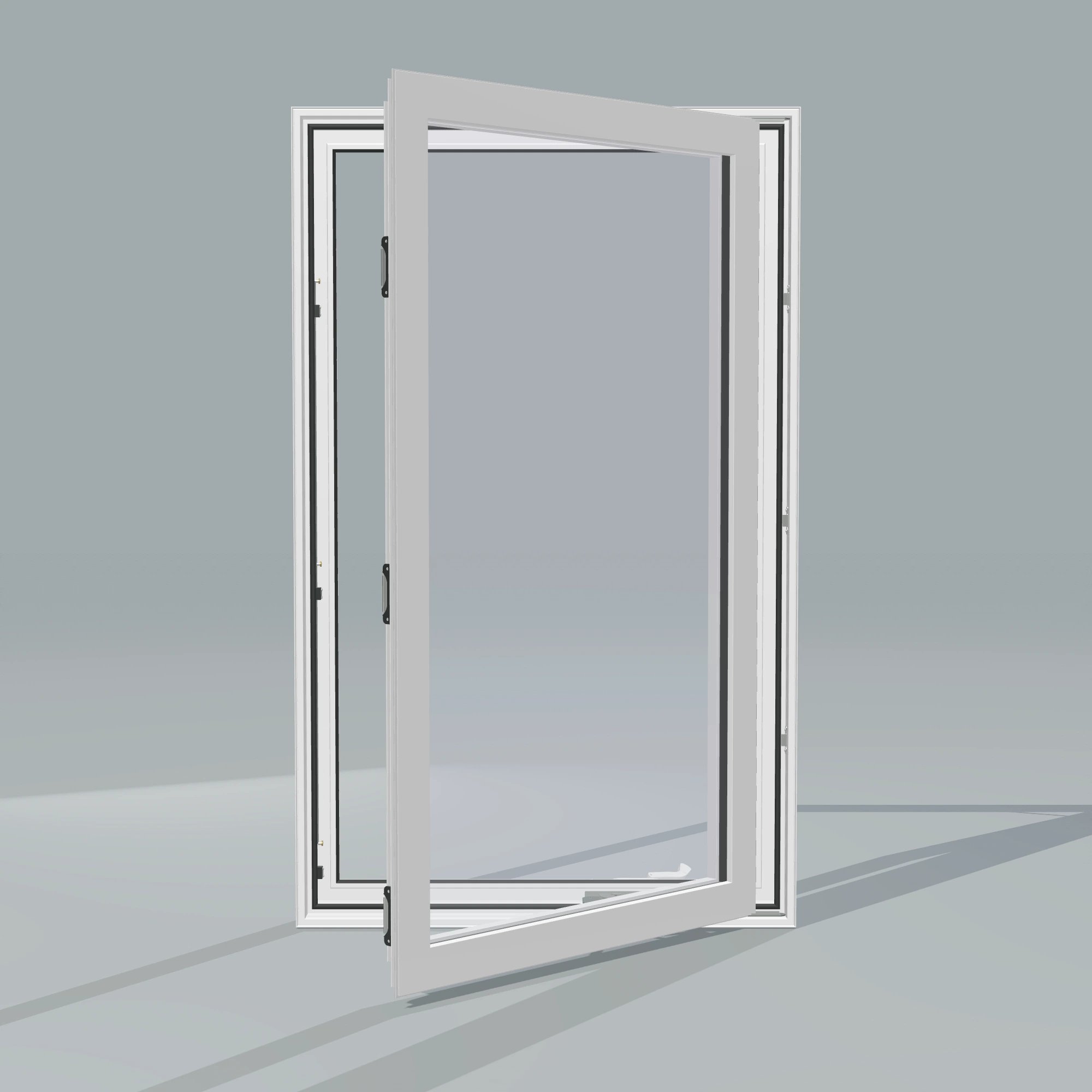 Straight exterior view of the 32 × 52 inch casement, white exterior / white interior, without nailing flange, casement sashes open 45 degrees