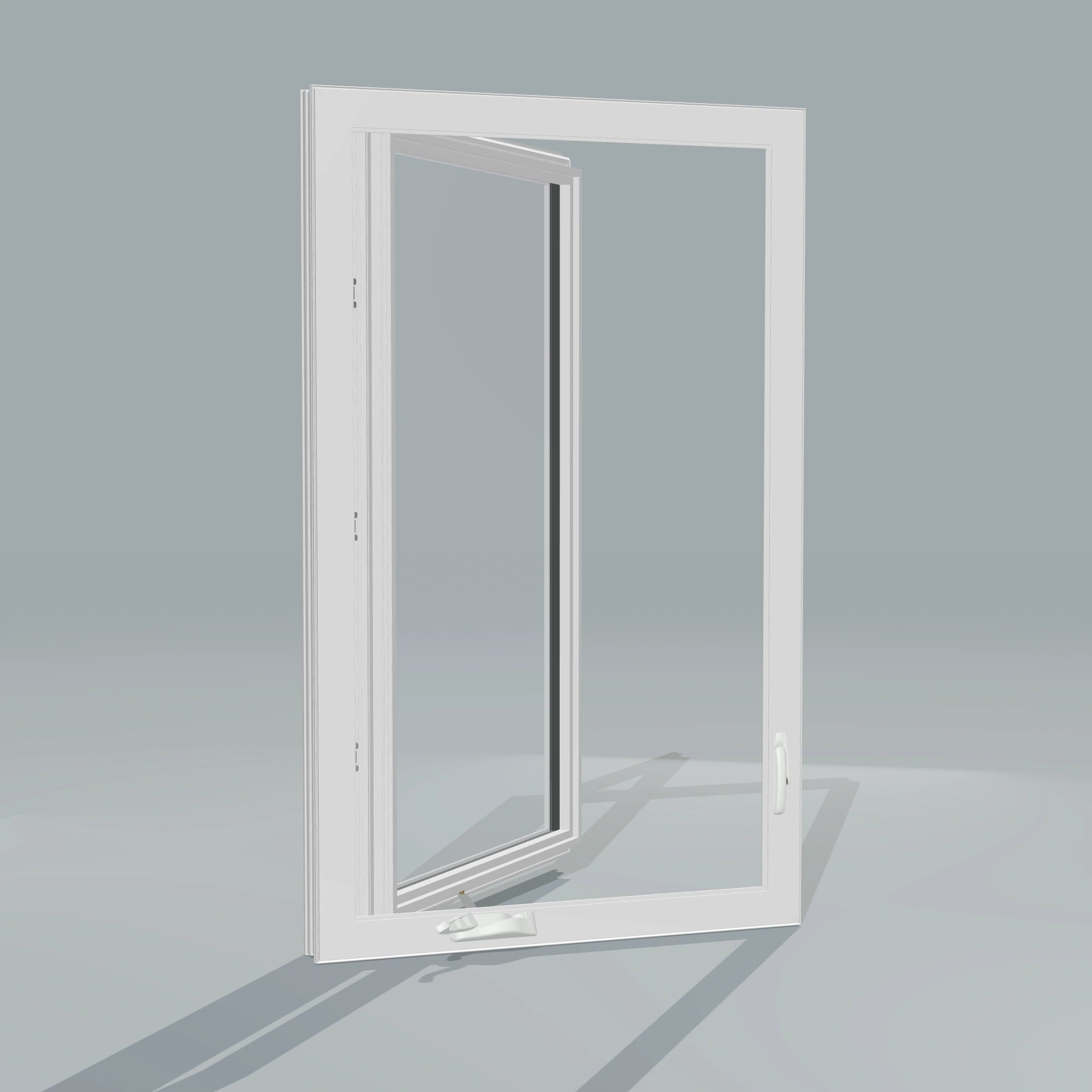 Angled interior view of the 32 × 52 inch casement, white exterior / white interior, without nailing flange, casement sashes open 45 degrees