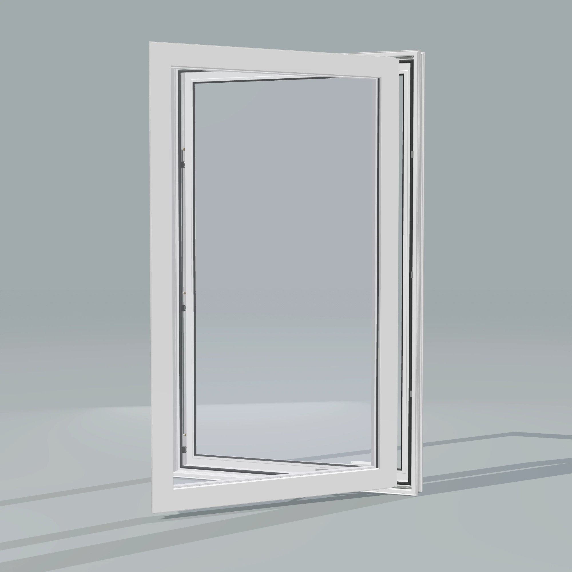 Opposite exterior angle of the 32 × 52 inch casement, white exterior / white interior, without nailing flange, casement sashes open 45 degrees