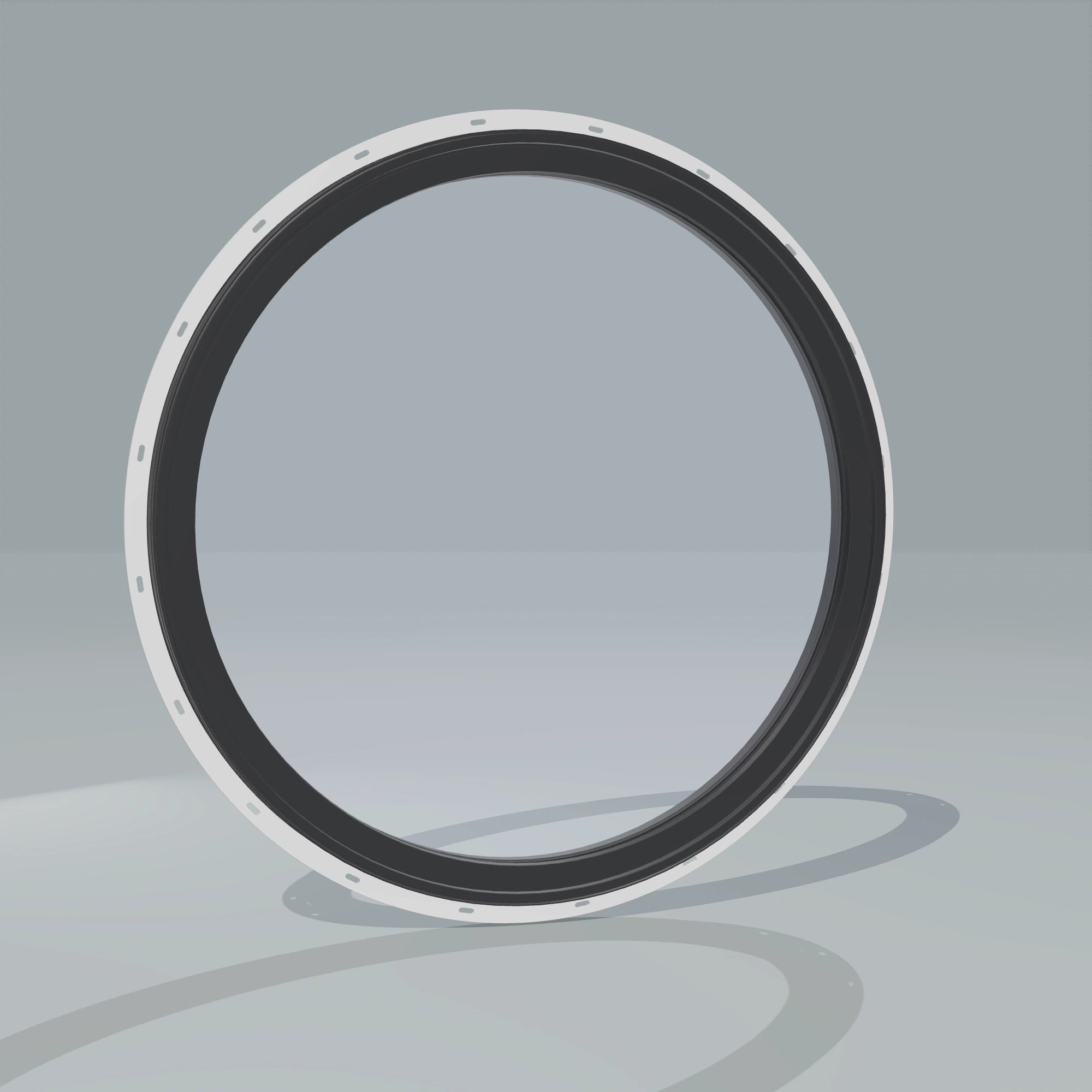 Angled exterior configurator view of the 36 × 36 inch circle, black exterior / black interior, with nailing flange
