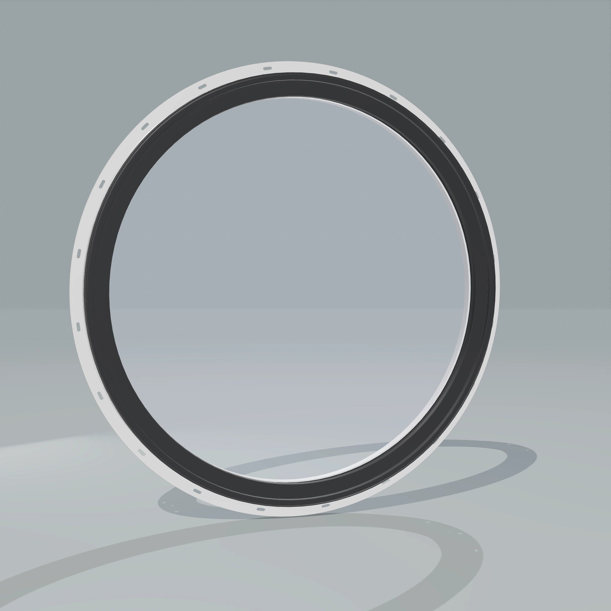 Angled exterior configurator view of the 36 × 36 inch circle, black exterior / white interior, with nailing flange