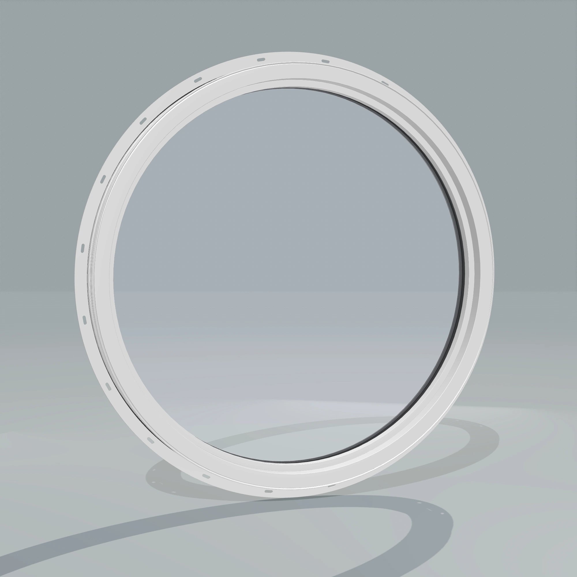 Angled interior view of the 36 × 36 inch circle, black exterior / white interior, with nailing flange