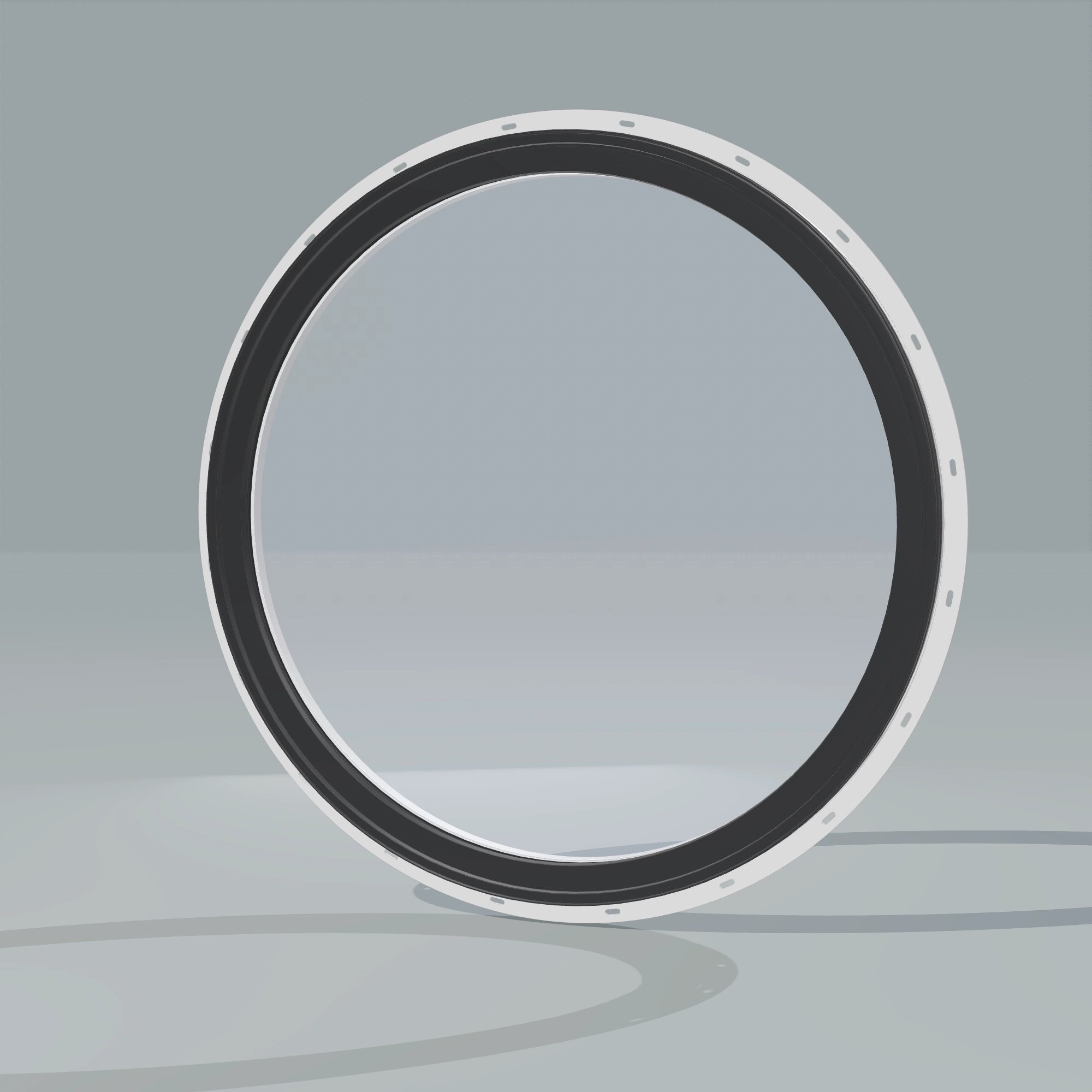 Opposite exterior angle of the 36 × 36 inch circle, black exterior / white interior, with nailing flange