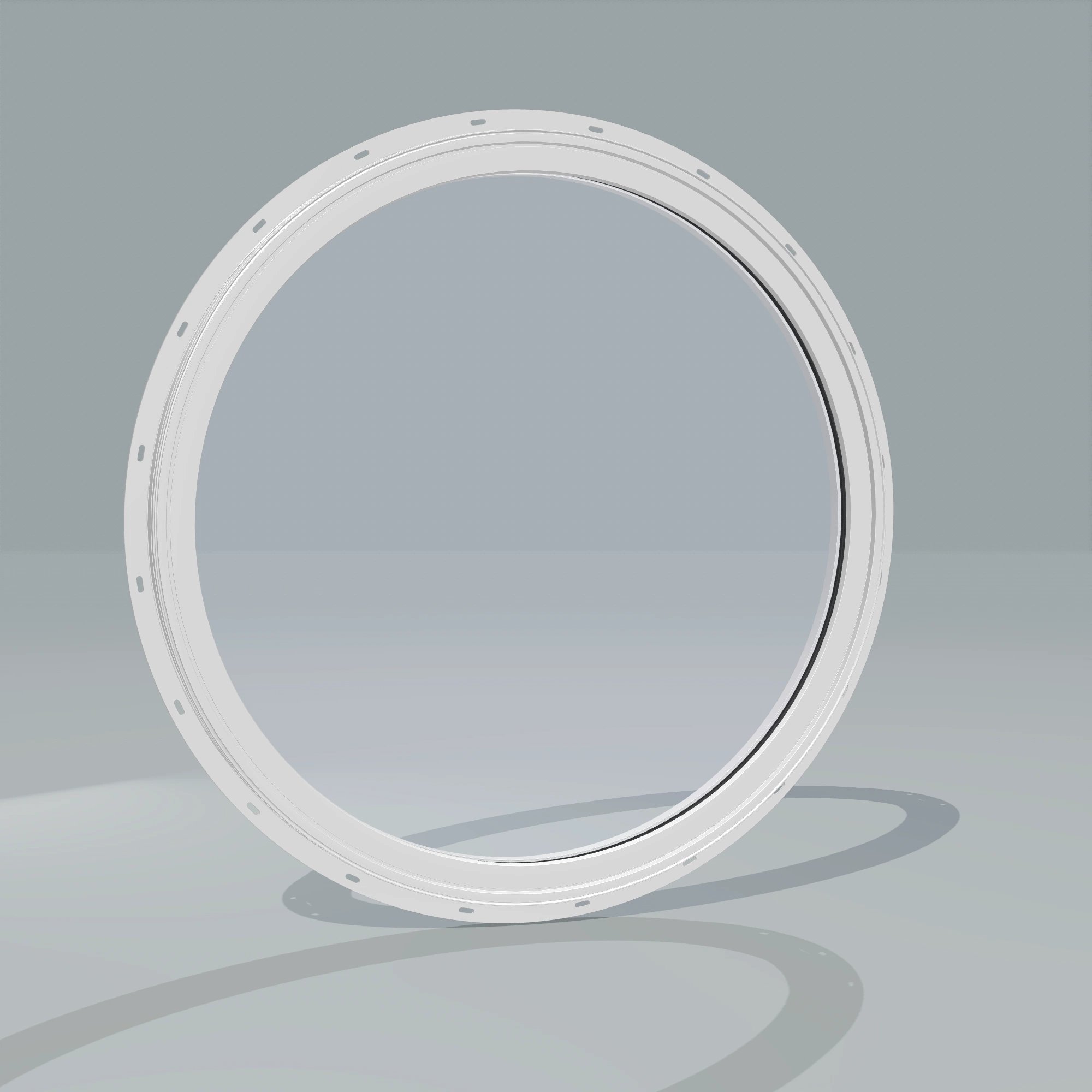 Angled exterior configurator view of the 36 × 36 inch circle, white exterior / white interior, with nailing flange
