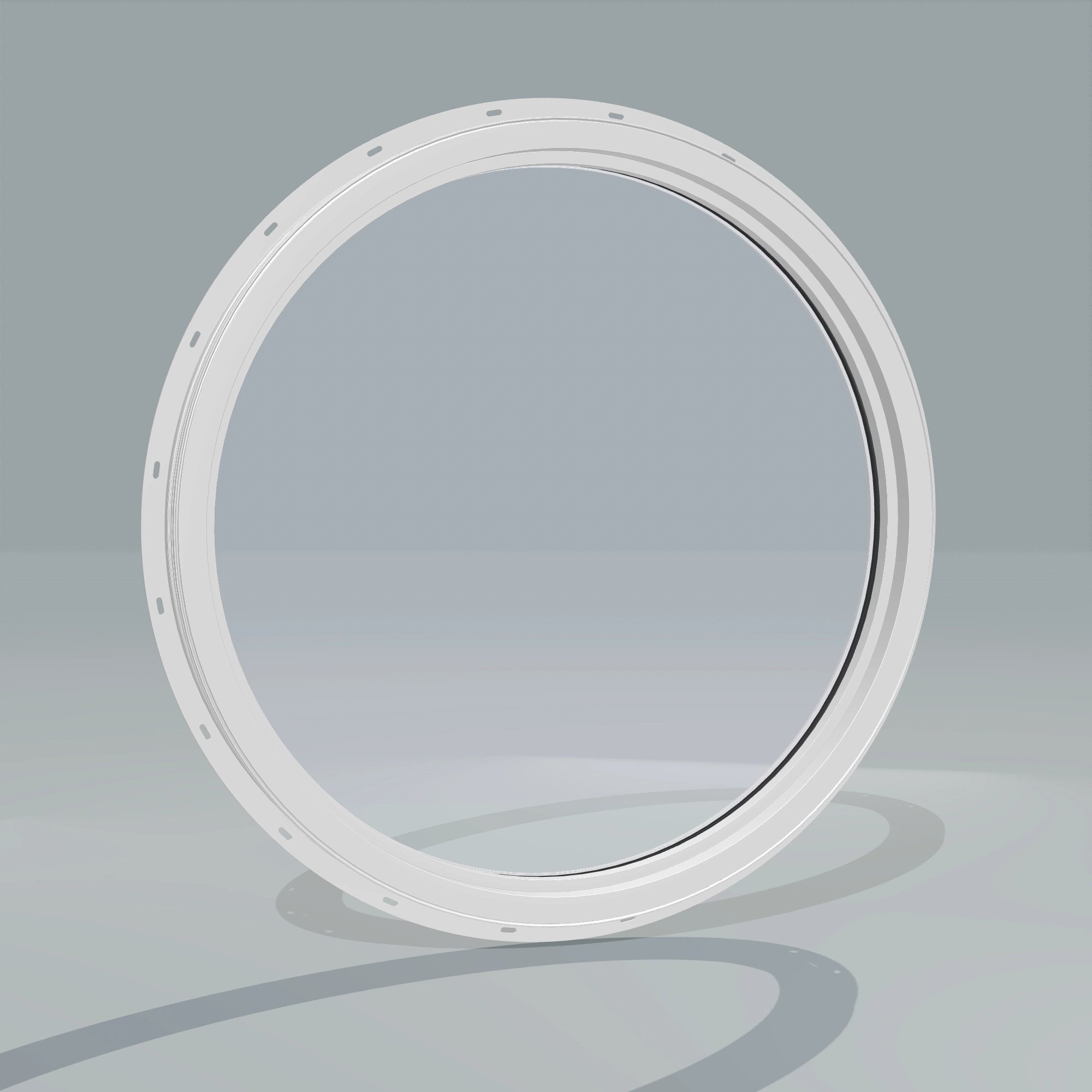 Angled interior view of the 36 × 36 inch circle, white exterior / white interior, with nailing flange