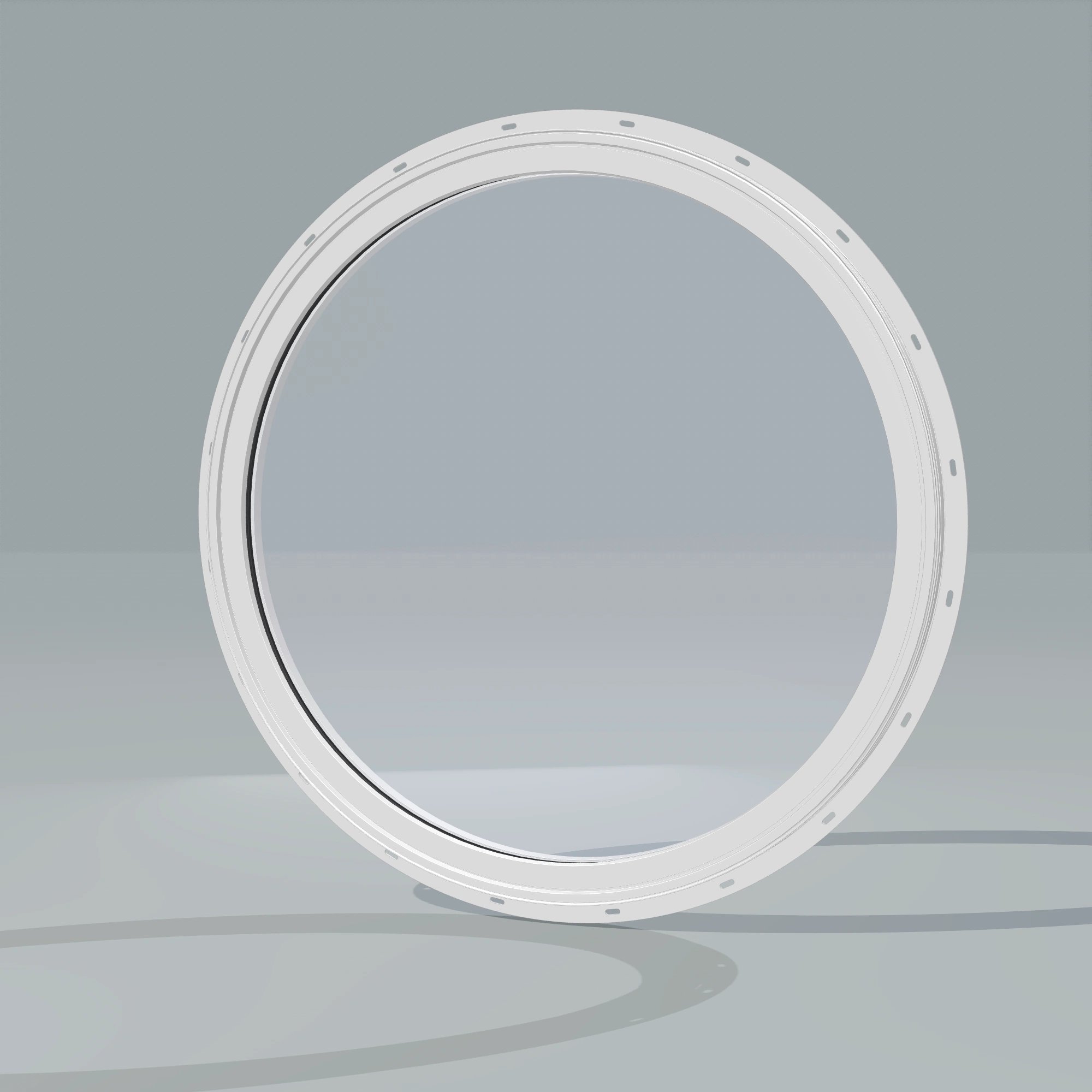 Opposite exterior angle of the 36 × 36 inch circle, white exterior / white interior, with nailing flange