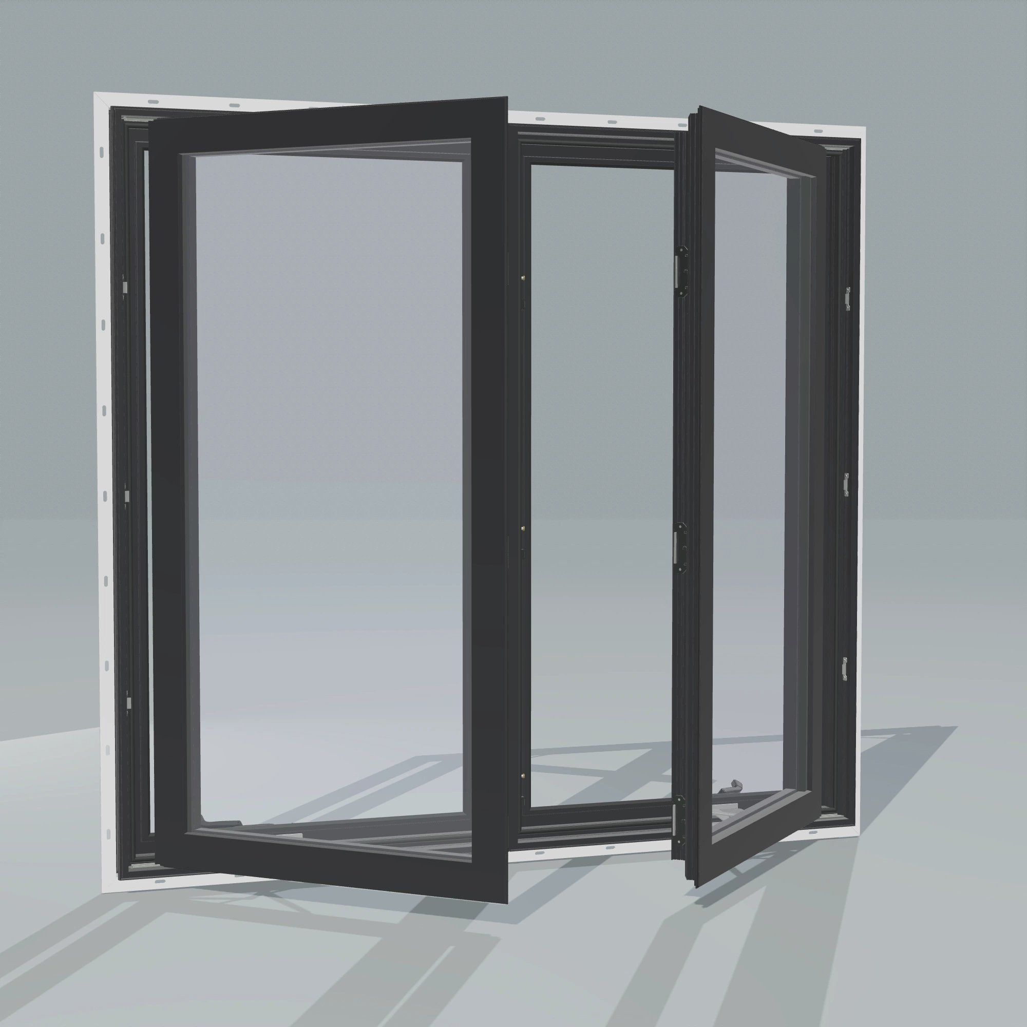 Angled exterior configurator view of the 56 × 52 inch double casement combination, black exterior / black interior, with nailing flange, casement sashes open 45 degrees