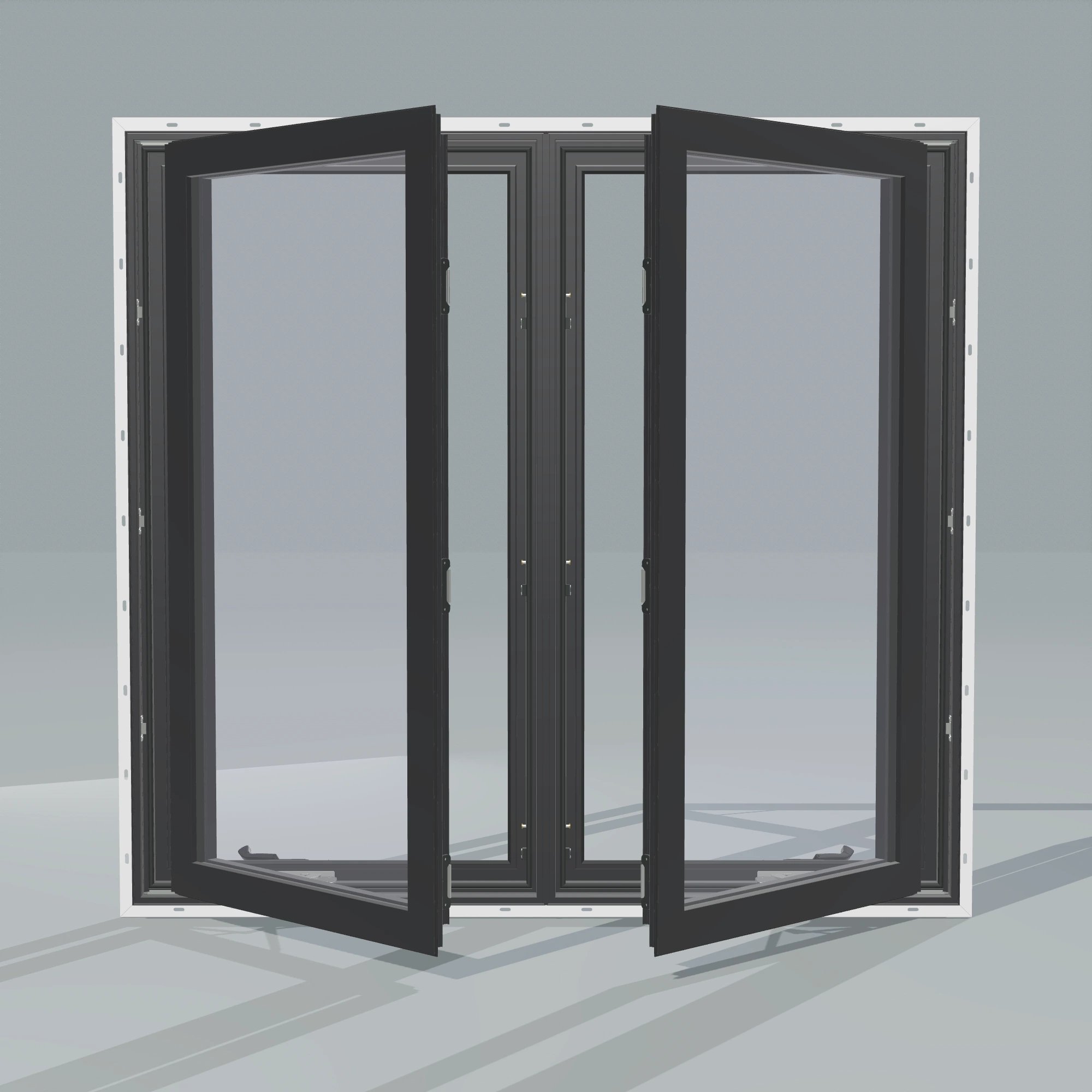 Straight exterior view of the 56 × 52 inch double casement combination, black exterior / black interior, with nailing flange, casement sashes open 45 degrees