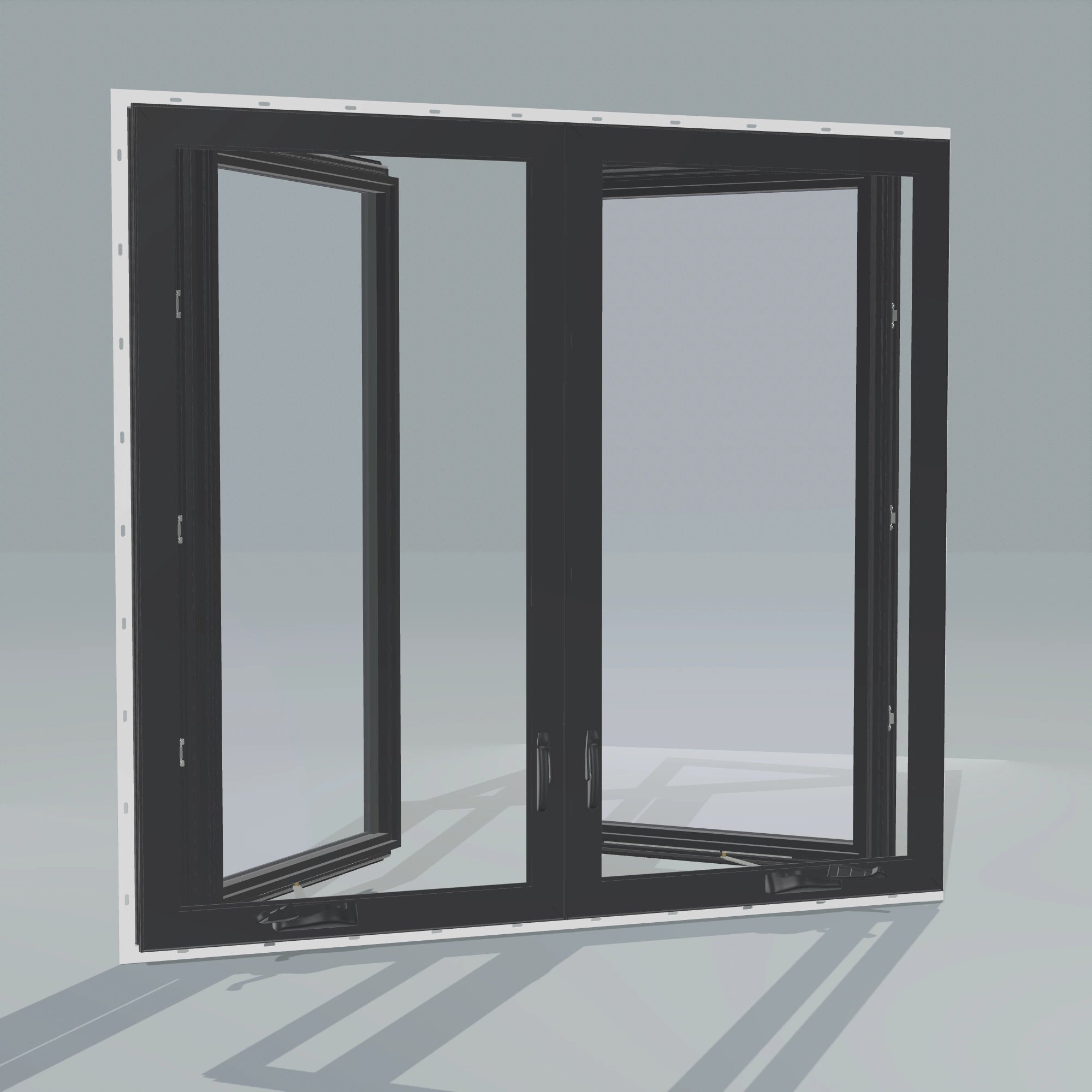 Angled interior view of the 56 × 52 inch double casement combination, black exterior / black interior, with nailing flange, casement sashes open 45 degrees