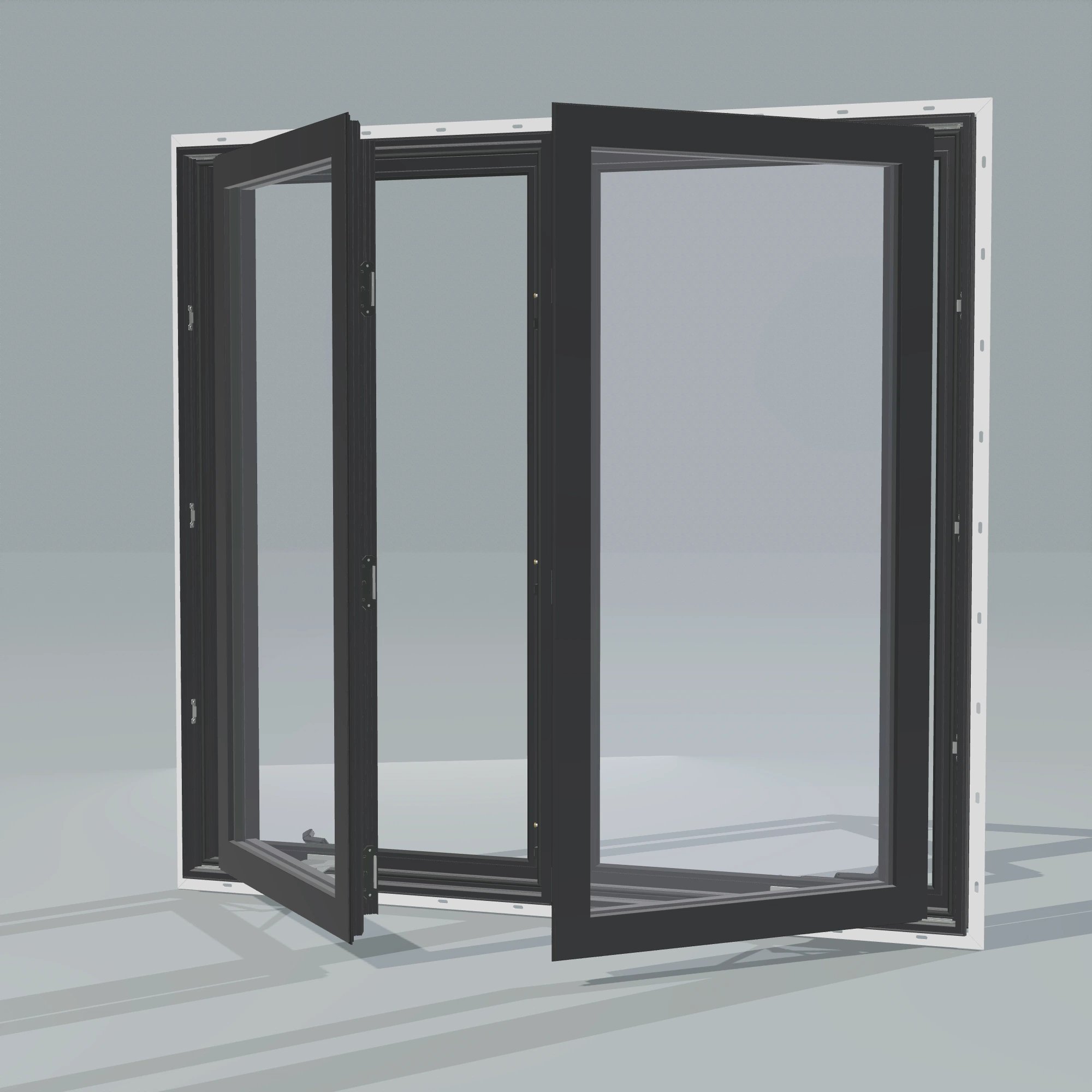 Opposite exterior angle of the 56 × 52 inch double casement combination, black exterior / black interior, with nailing flange, casement sashes open 45 degrees