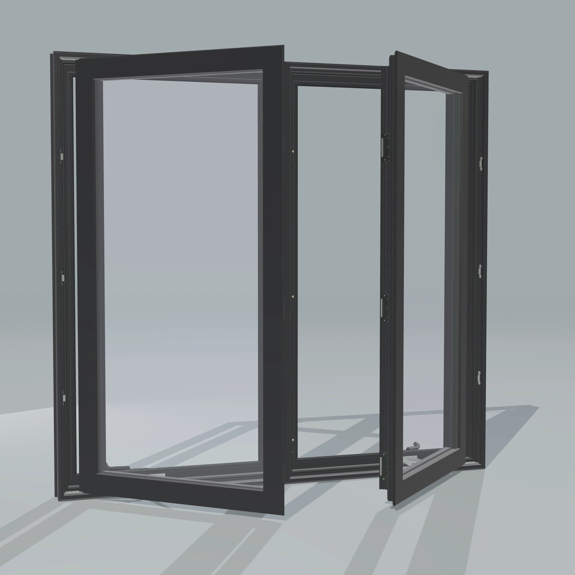 Angled exterior configurator view of the 56 × 52 inch double casement combination, black exterior / black interior, without nailing flange, casement sashes open 45 degrees