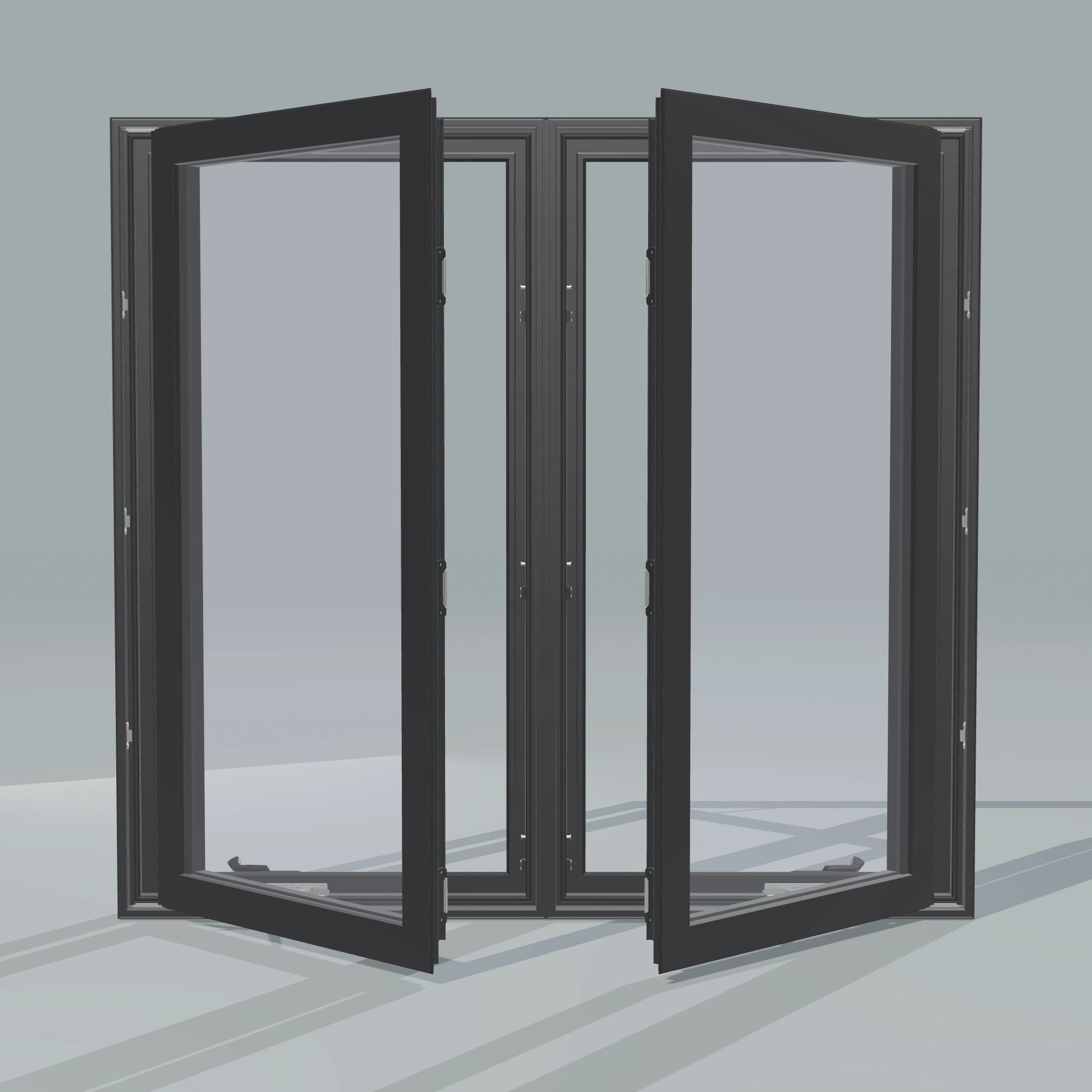 Straight exterior view of the 56 × 52 inch double casement combination, black exterior / black interior, without nailing flange, casement sashes open 45 degrees