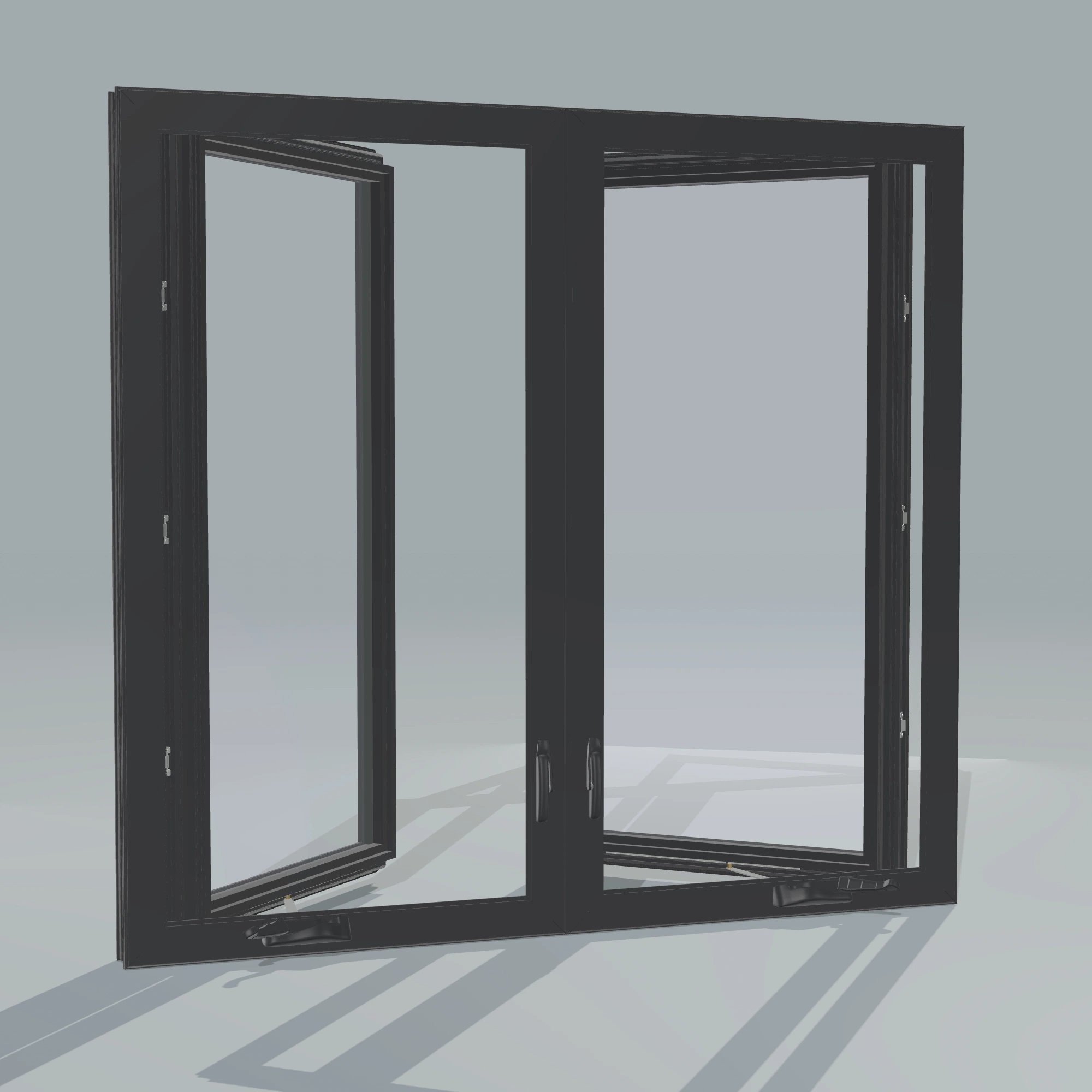 Angled interior view of the 56 × 52 inch double casement combination, black exterior / black interior, without nailing flange, casement sashes open 45 degrees