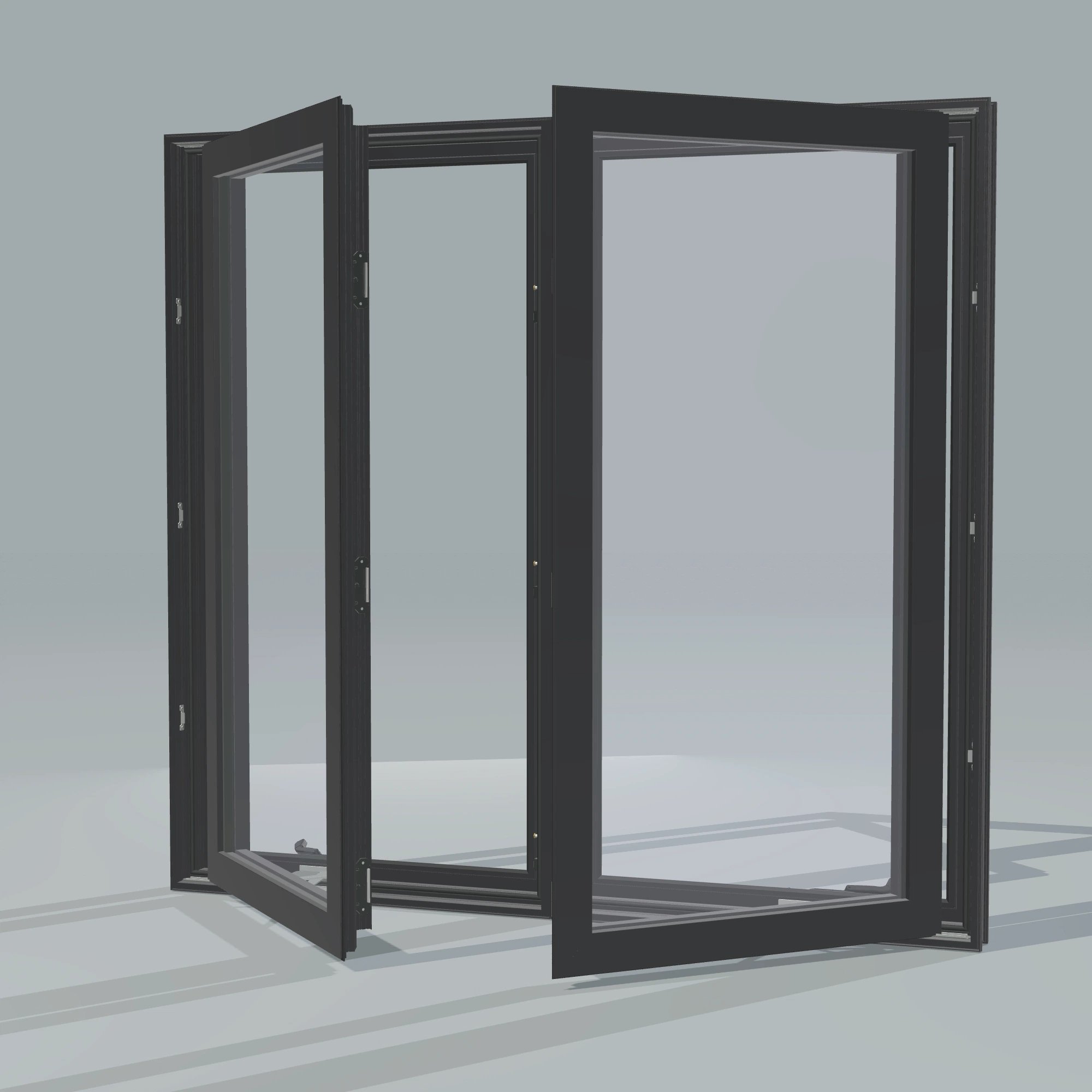 Opposite exterior angle of the 56 × 52 inch double casement combination, black exterior / black interior, without nailing flange, casement sashes open 45 degrees
