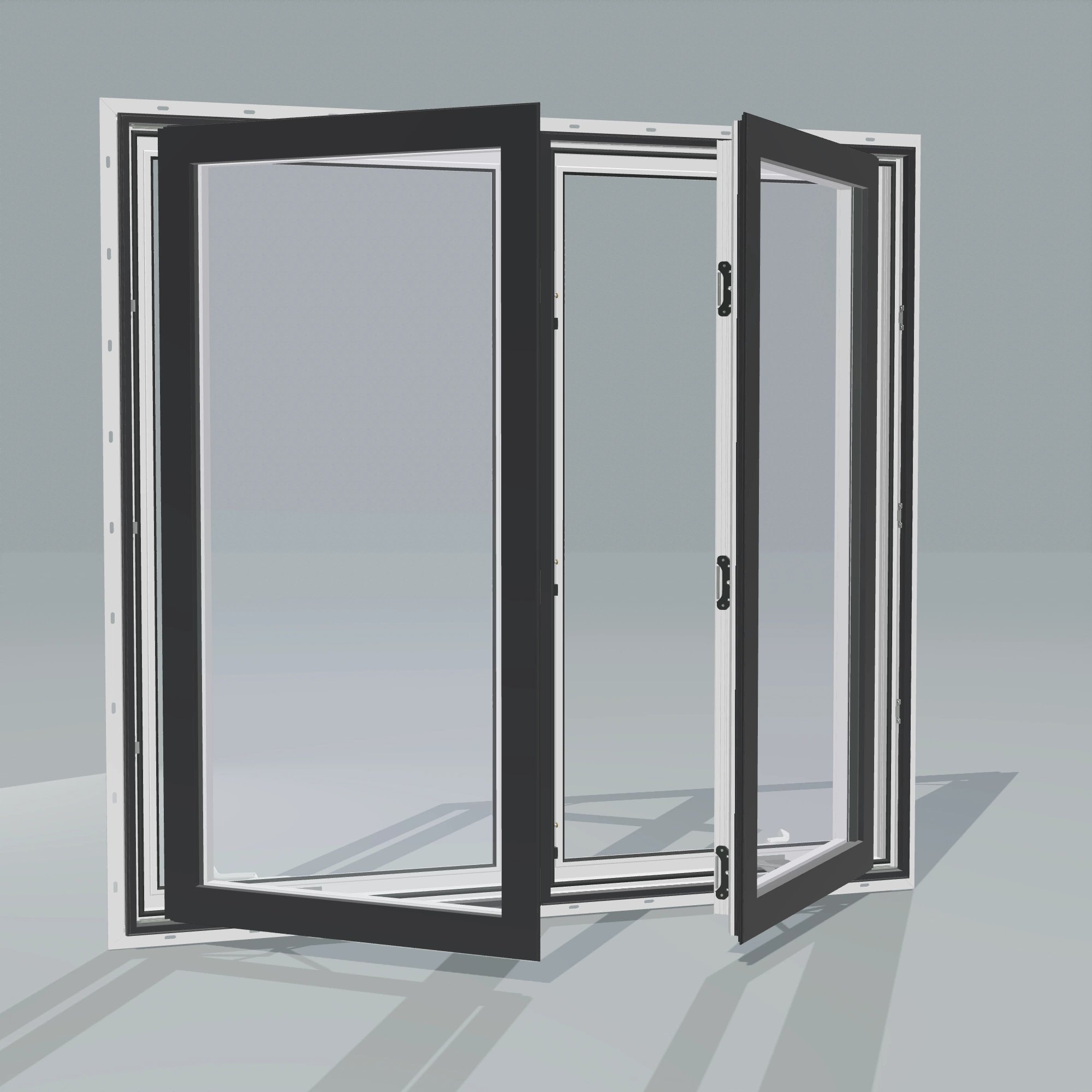 Angled exterior configurator view of the 56 × 52 inch double casement combination, black exterior / white interior, with nailing flange, casement sashes open 45 degrees