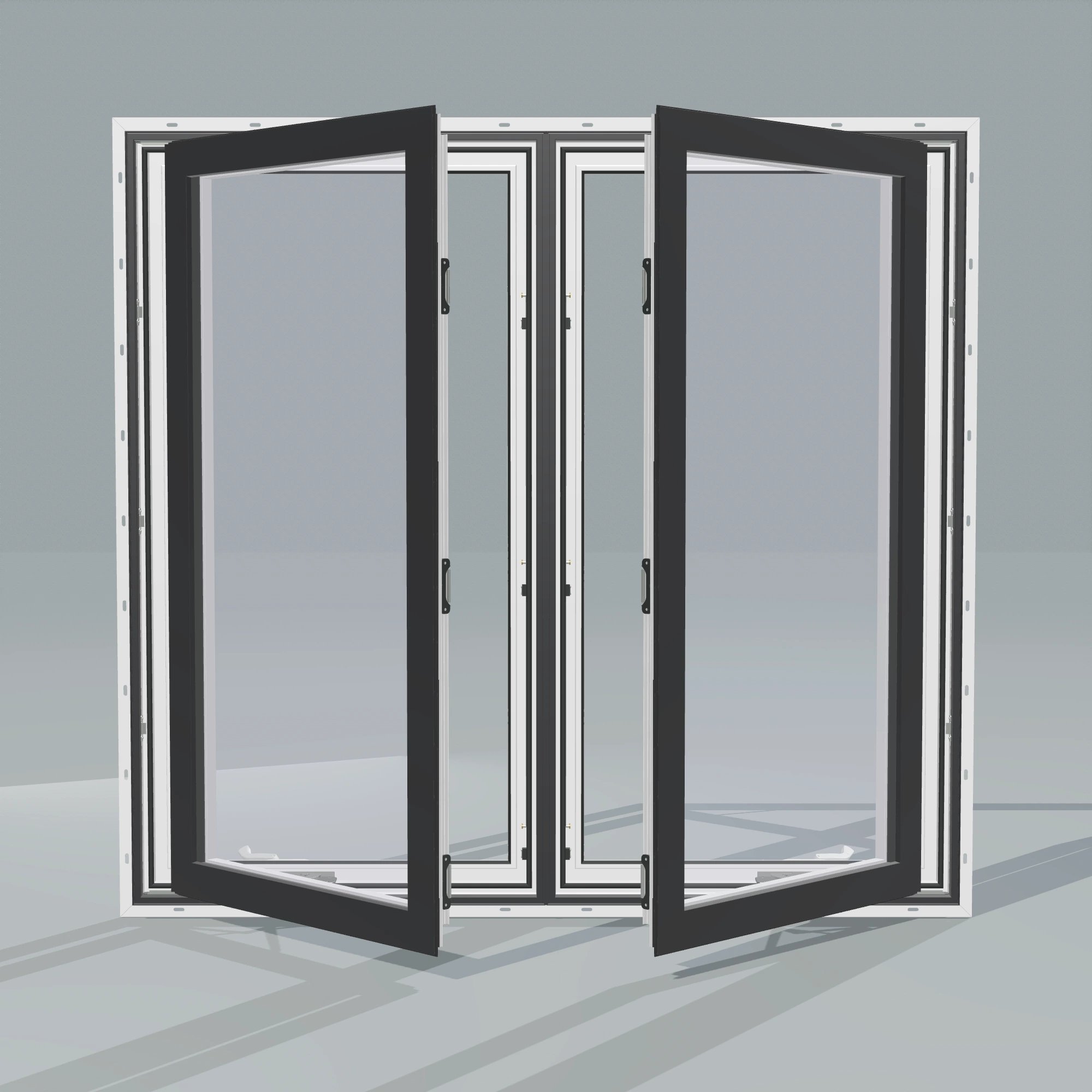 Straight exterior view of the 56 × 52 inch double casement combination, black exterior / white interior, with nailing flange, casement sashes open 45 degrees