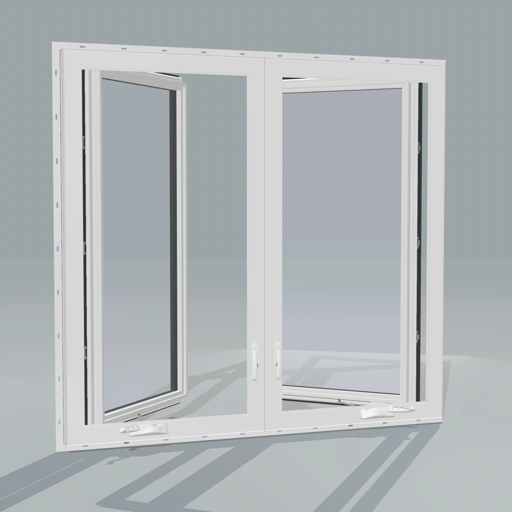 Angled interior view of the 56 × 52 inch double casement combination, black exterior / white interior, with nailing flange, casement sashes open 45 degrees