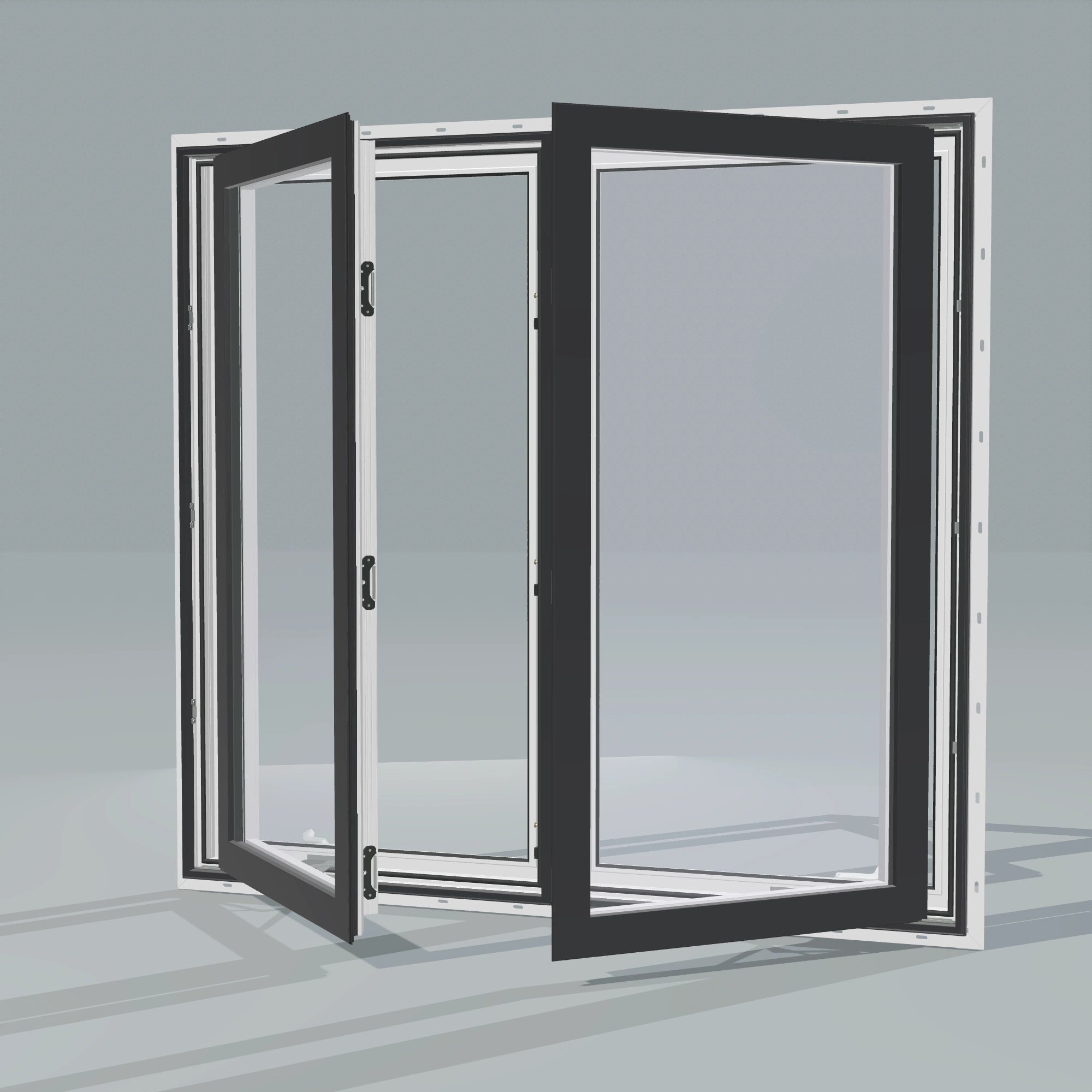 Opposite exterior angle of the 56 × 52 inch double casement combination, black exterior / white interior, with nailing flange, casement sashes open 45 degrees