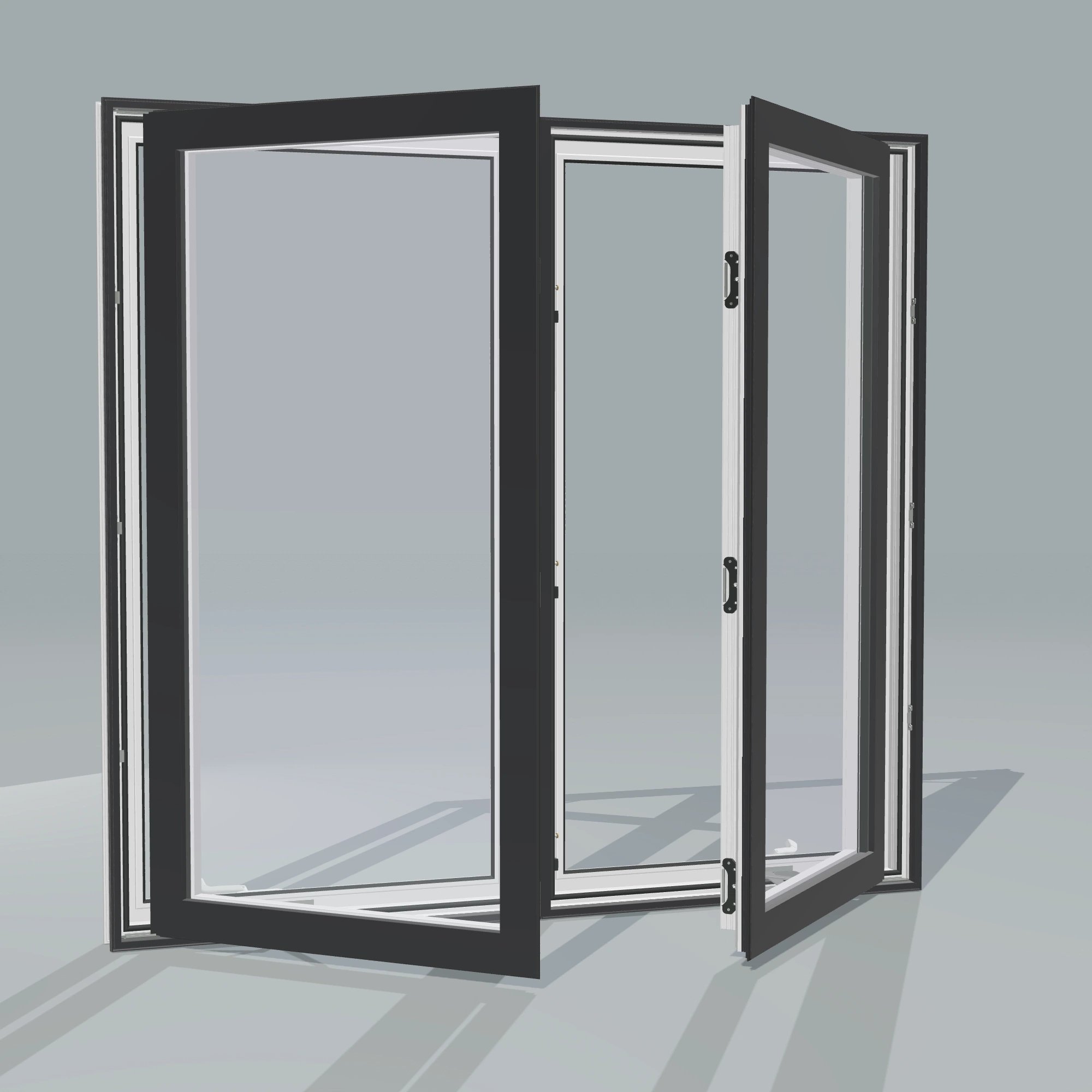 Angled exterior configurator view of the 56 × 52 inch double casement combination, black exterior / white interior, without nailing flange, casement sashes open 45 degrees