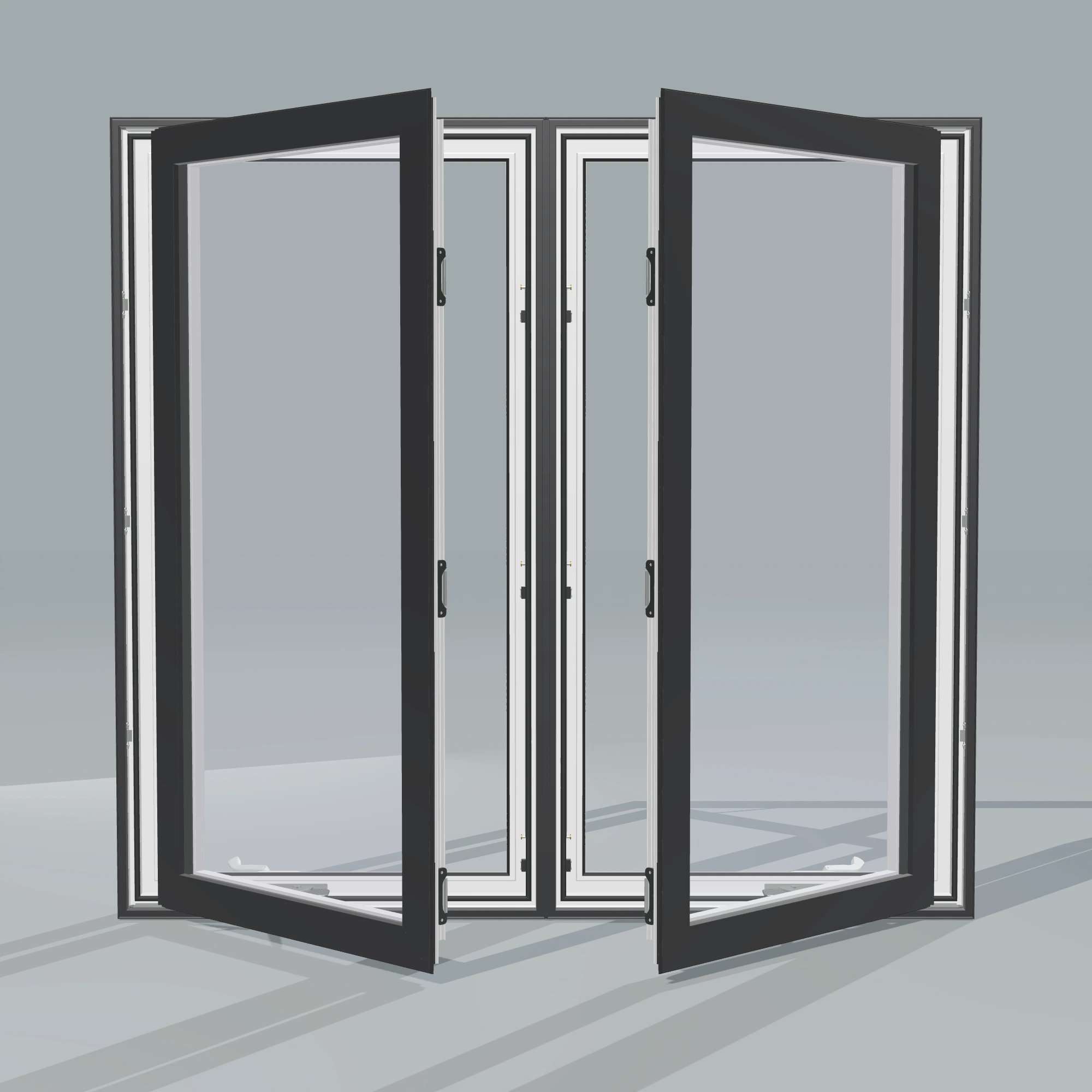 Straight exterior view of the 56 × 52 inch double casement combination, black exterior / white interior, without nailing flange, casement sashes open 45 degrees