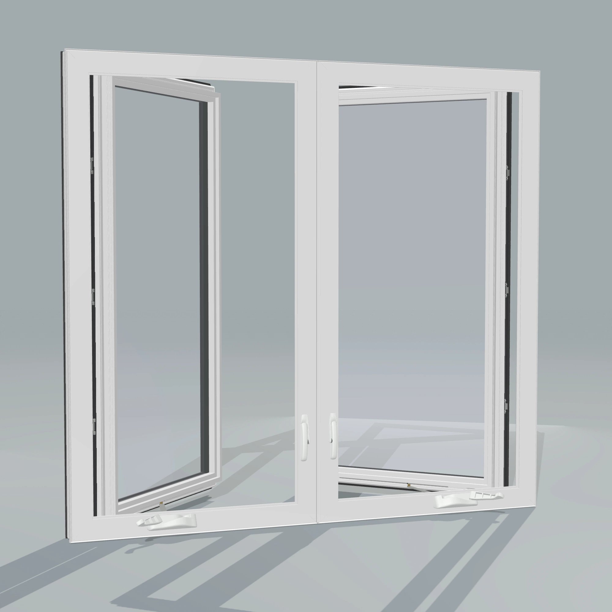 Angled interior view of the 56 × 52 inch double casement combination, black exterior / white interior, without nailing flange, casement sashes open 45 degrees