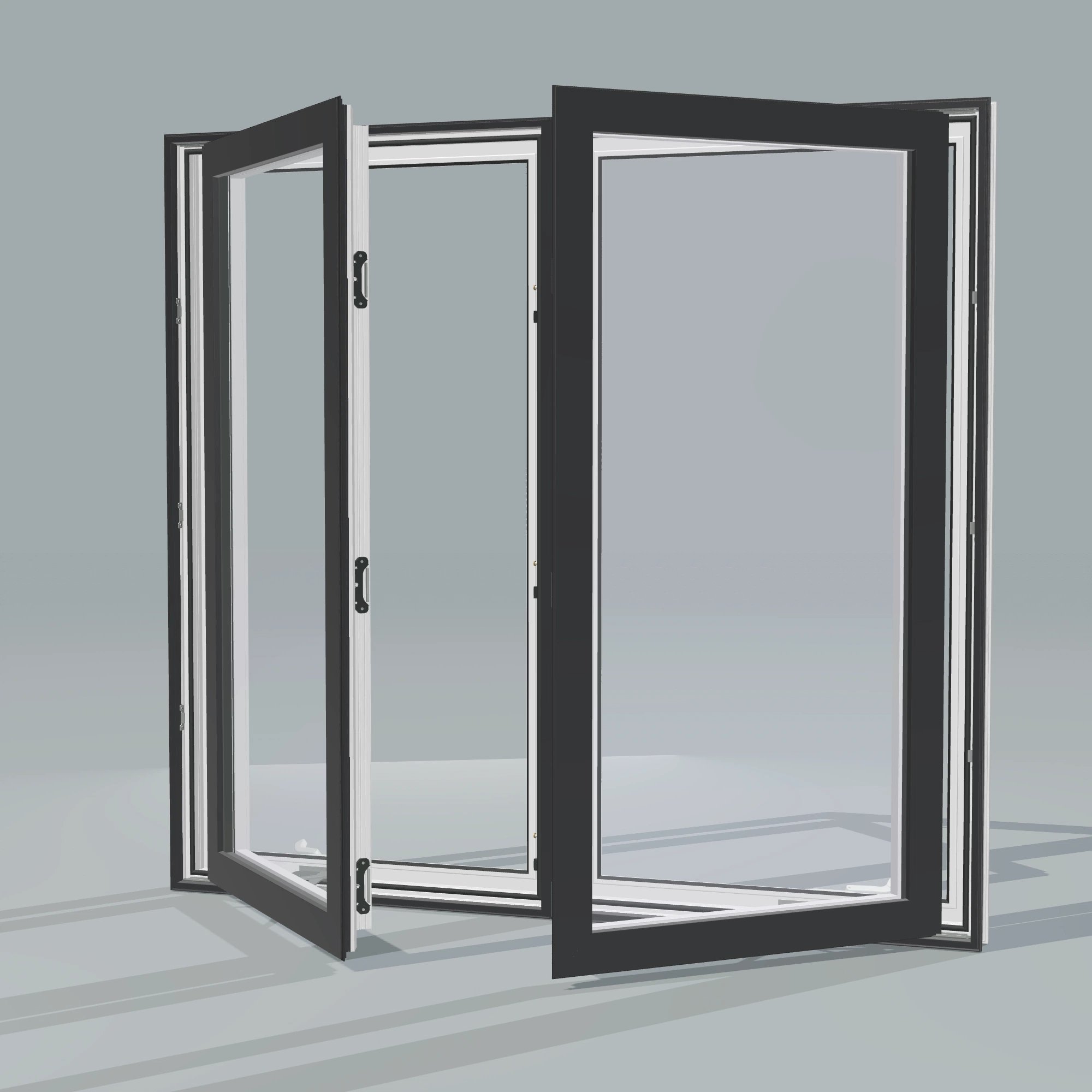 Opposite exterior angle of the 56 × 52 inch double casement combination, black exterior / white interior, without nailing flange, casement sashes open 45 degrees