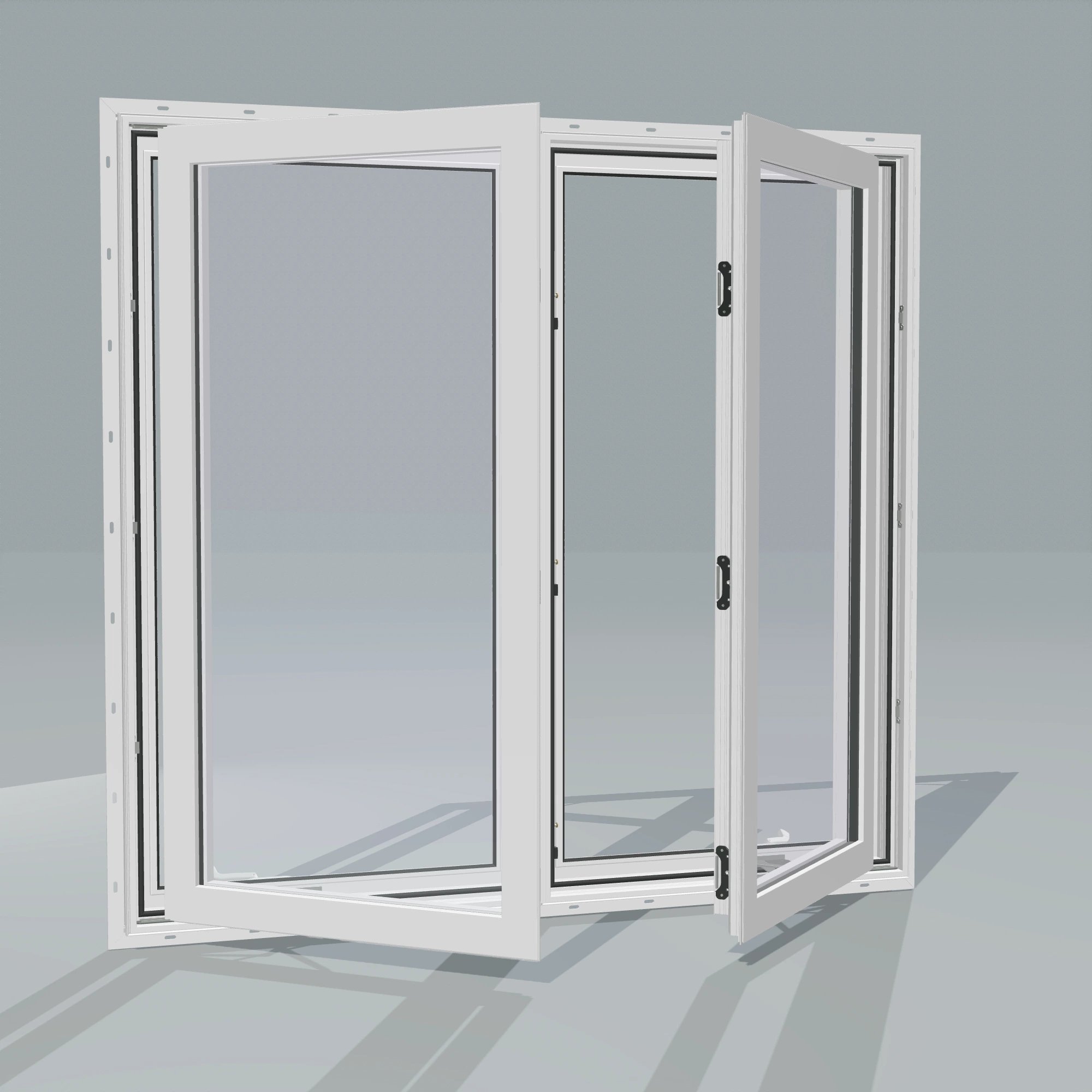 Angled exterior configurator view of the 56 × 52 inch double casement combination, white exterior / white interior, with nailing flange, casement sashes open 45 degrees