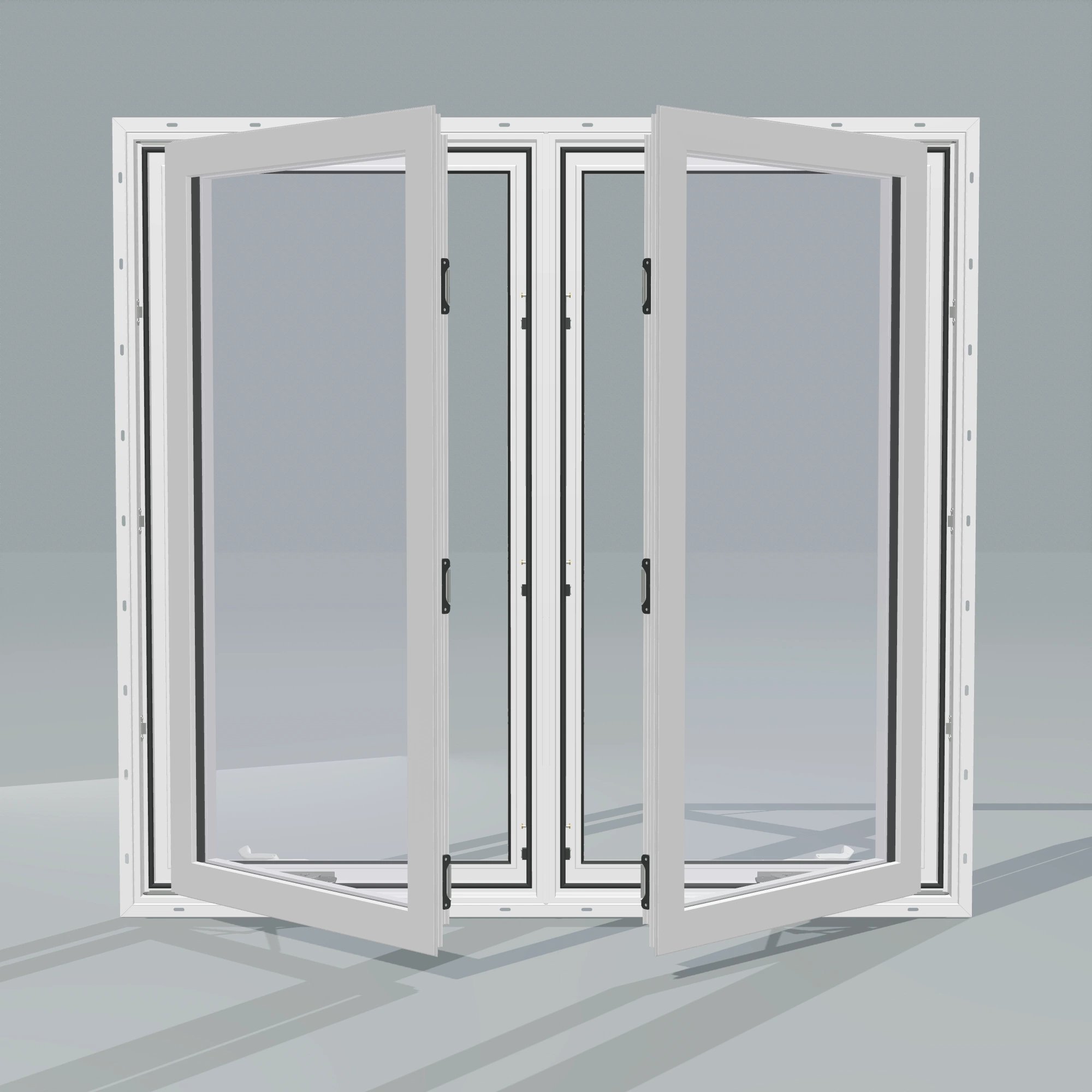 Straight exterior view of the 56 × 52 inch double casement combination, white exterior / white interior, with nailing flange, casement sashes open 45 degrees