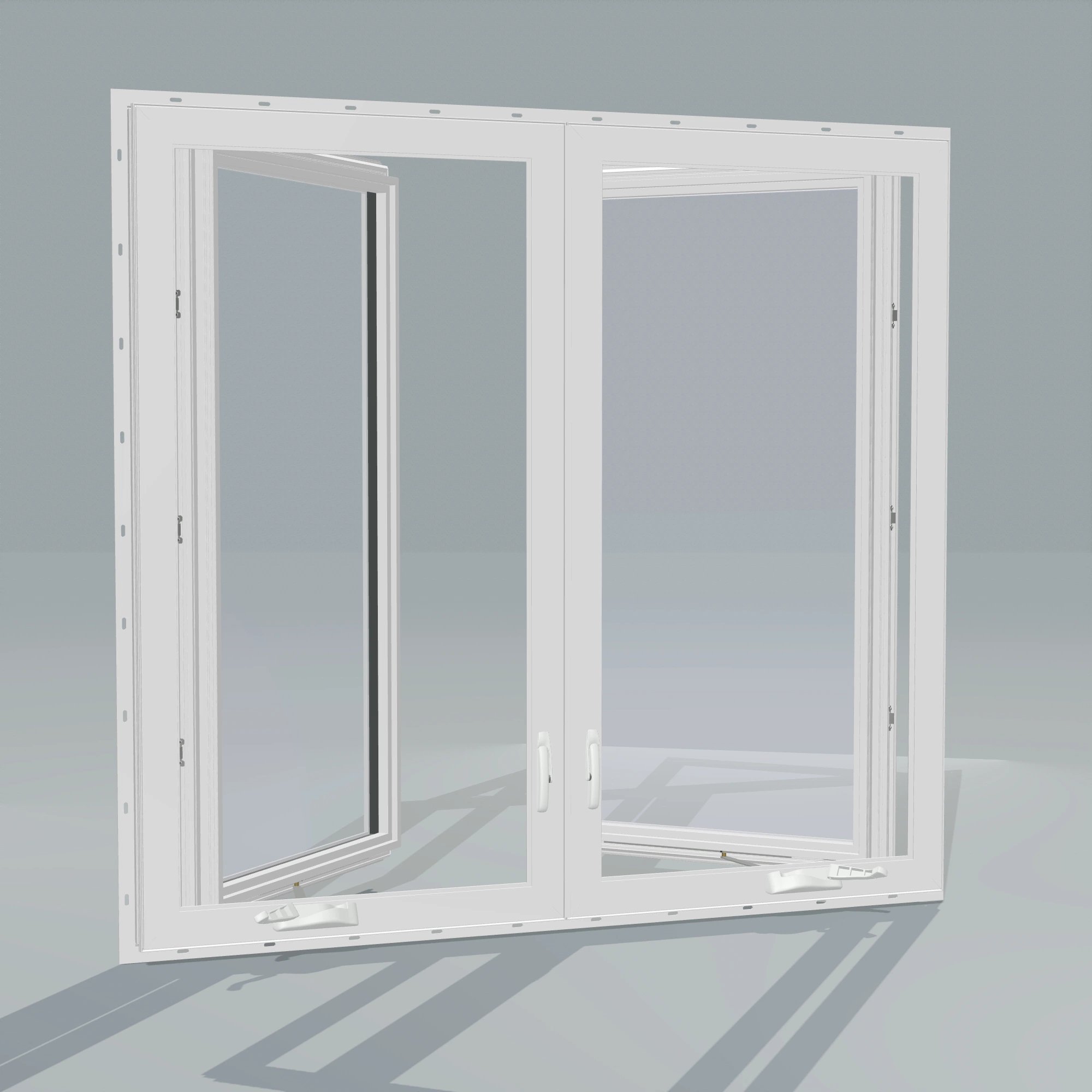 Angled interior view of the 56 × 52 inch double casement combination, white exterior / white interior, with nailing flange, casement sashes open 45 degrees