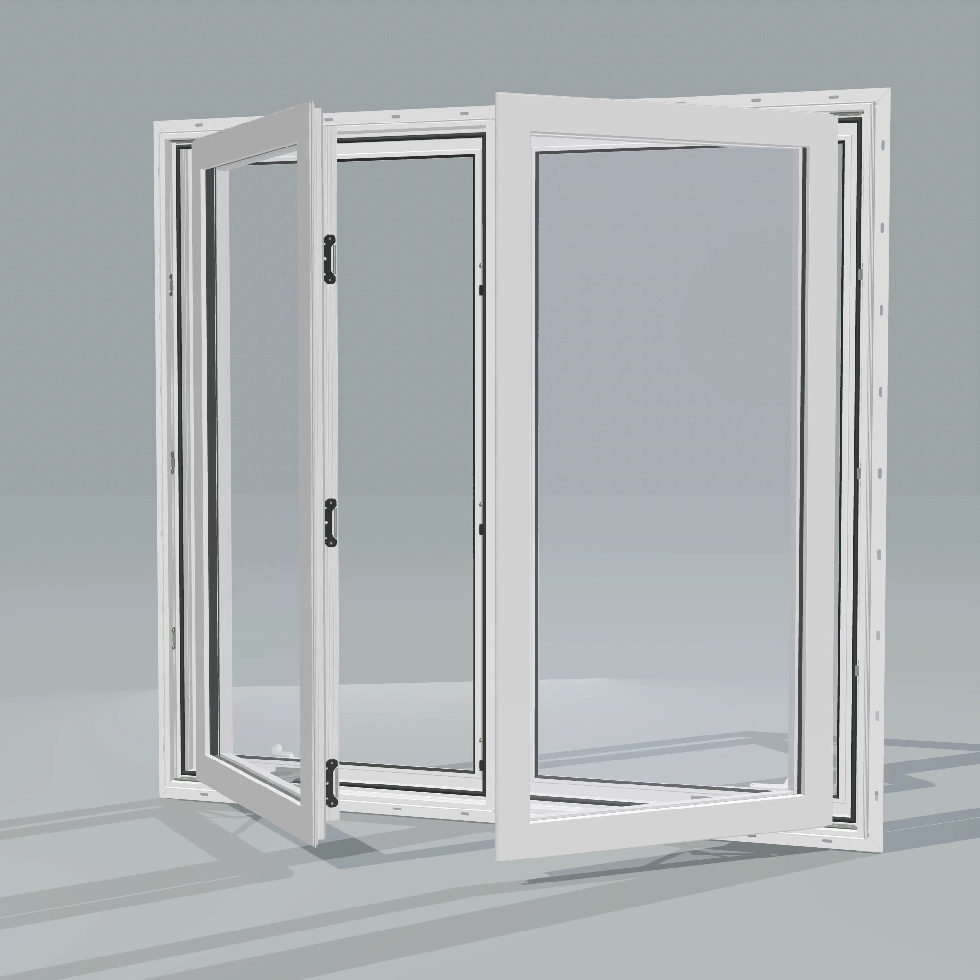 Opposite exterior angle of the 56 × 52 inch double casement combination, white exterior / white interior, with nailing flange, casement sashes open 45 degrees