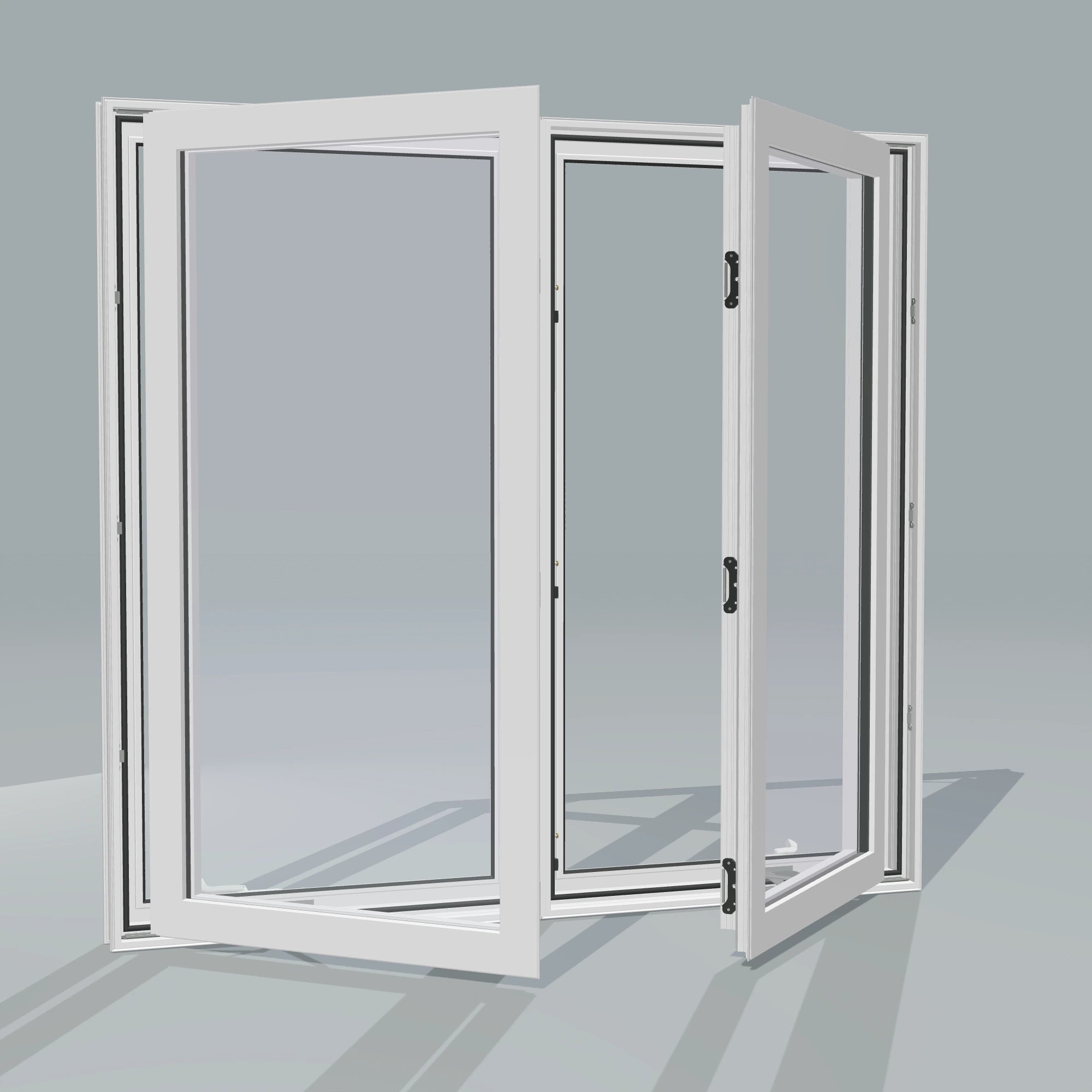 Angled exterior configurator view of the 56 × 52 inch double casement combination, white exterior / white interior, without nailing flange, casement sashes open 45 degrees