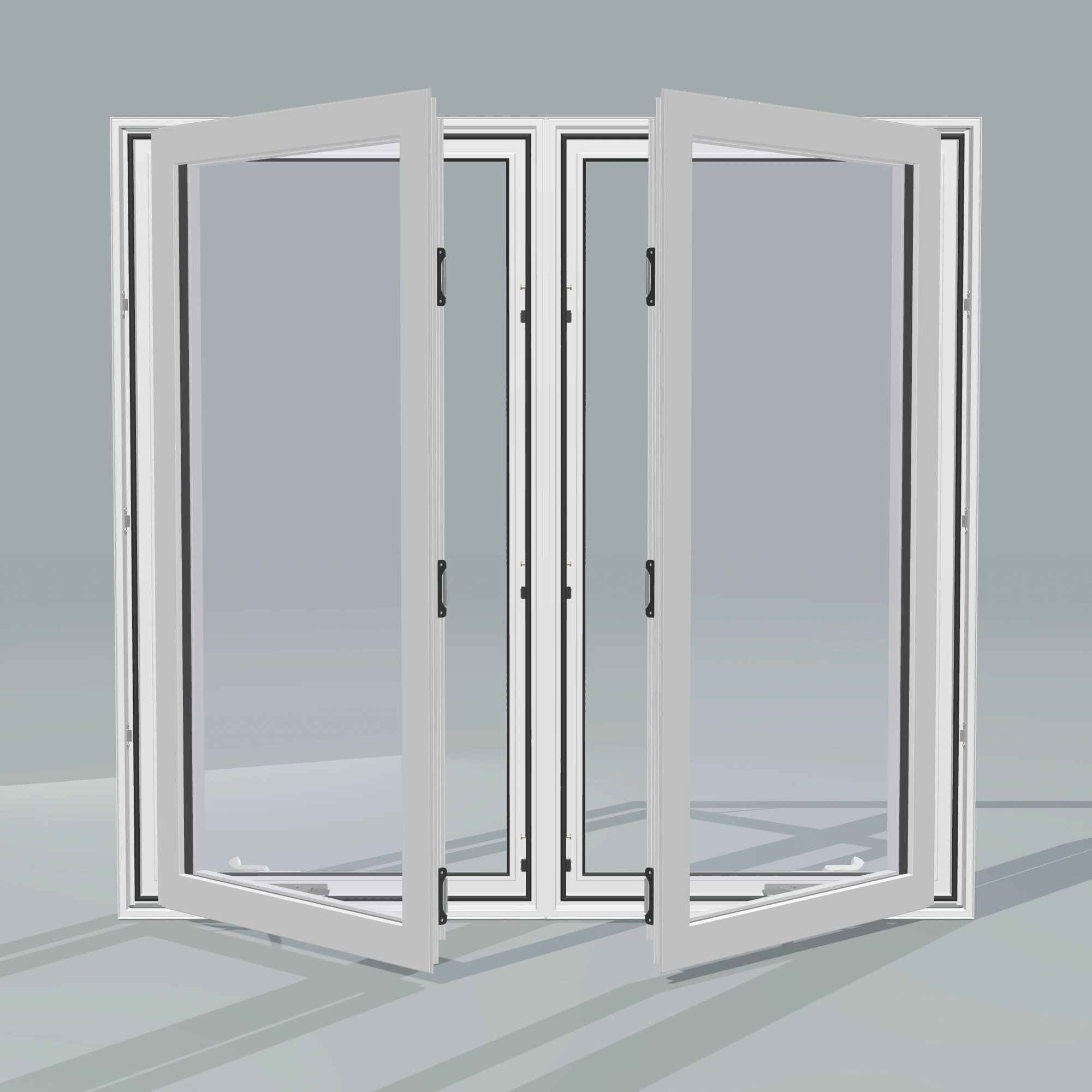 Straight exterior view of the 56 × 52 inch double casement combination, white exterior / white interior, without nailing flange, casement sashes open 45 degrees