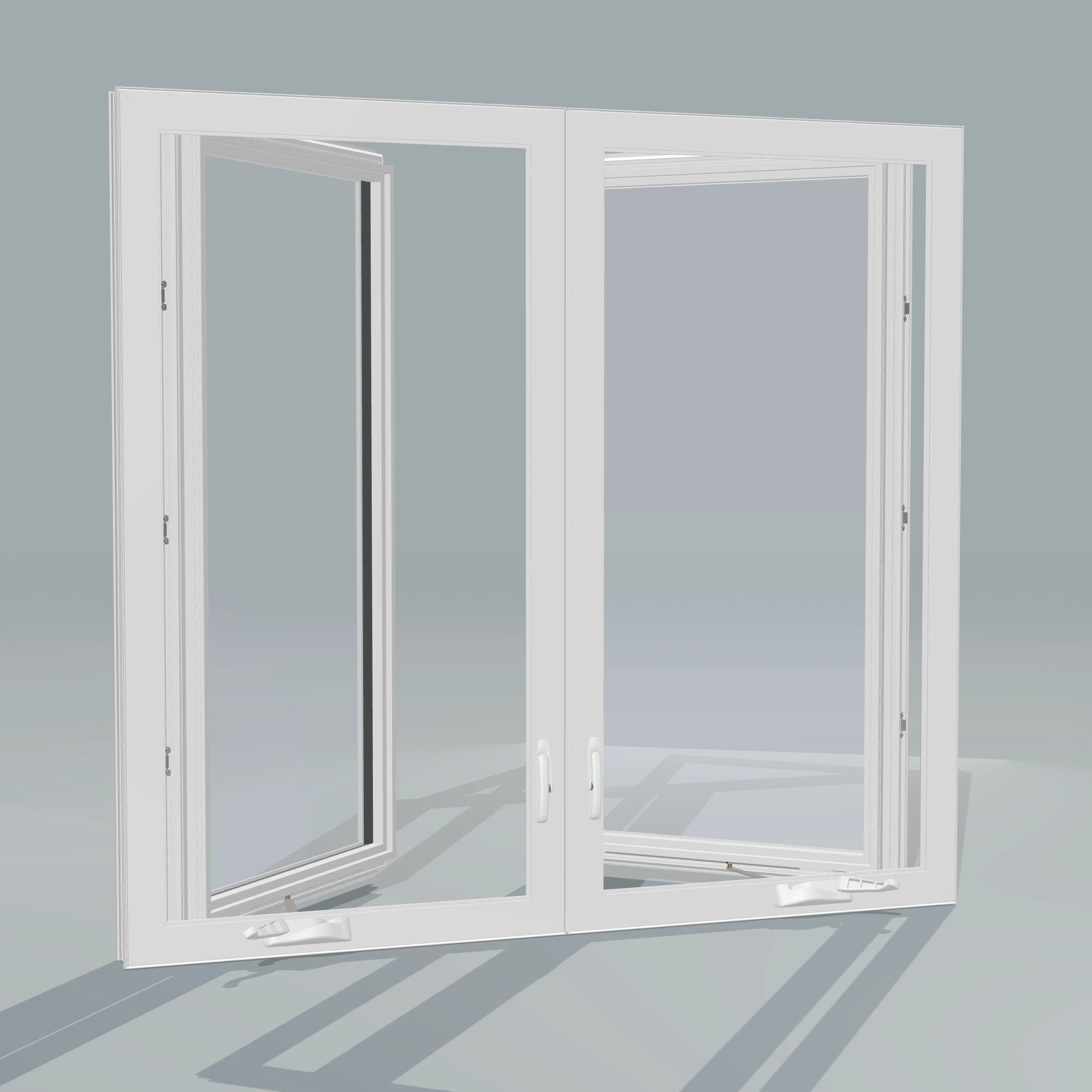Angled interior view of the 56 × 52 inch double casement combination, white exterior / white interior, without nailing flange, casement sashes open 45 degrees