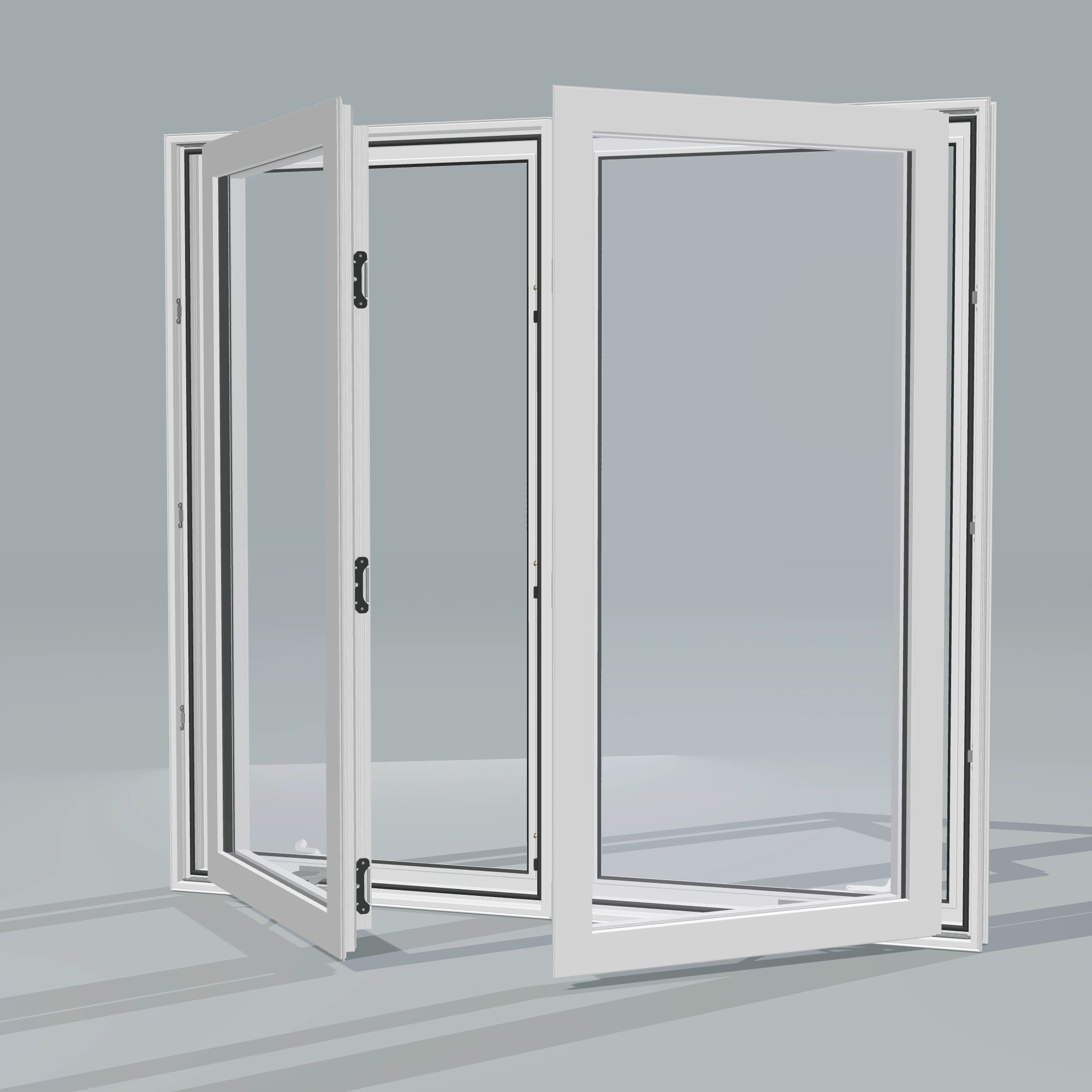 Opposite exterior angle of the 56 × 52 inch double casement combination, white exterior / white interior, without nailing flange, casement sashes open 45 degrees