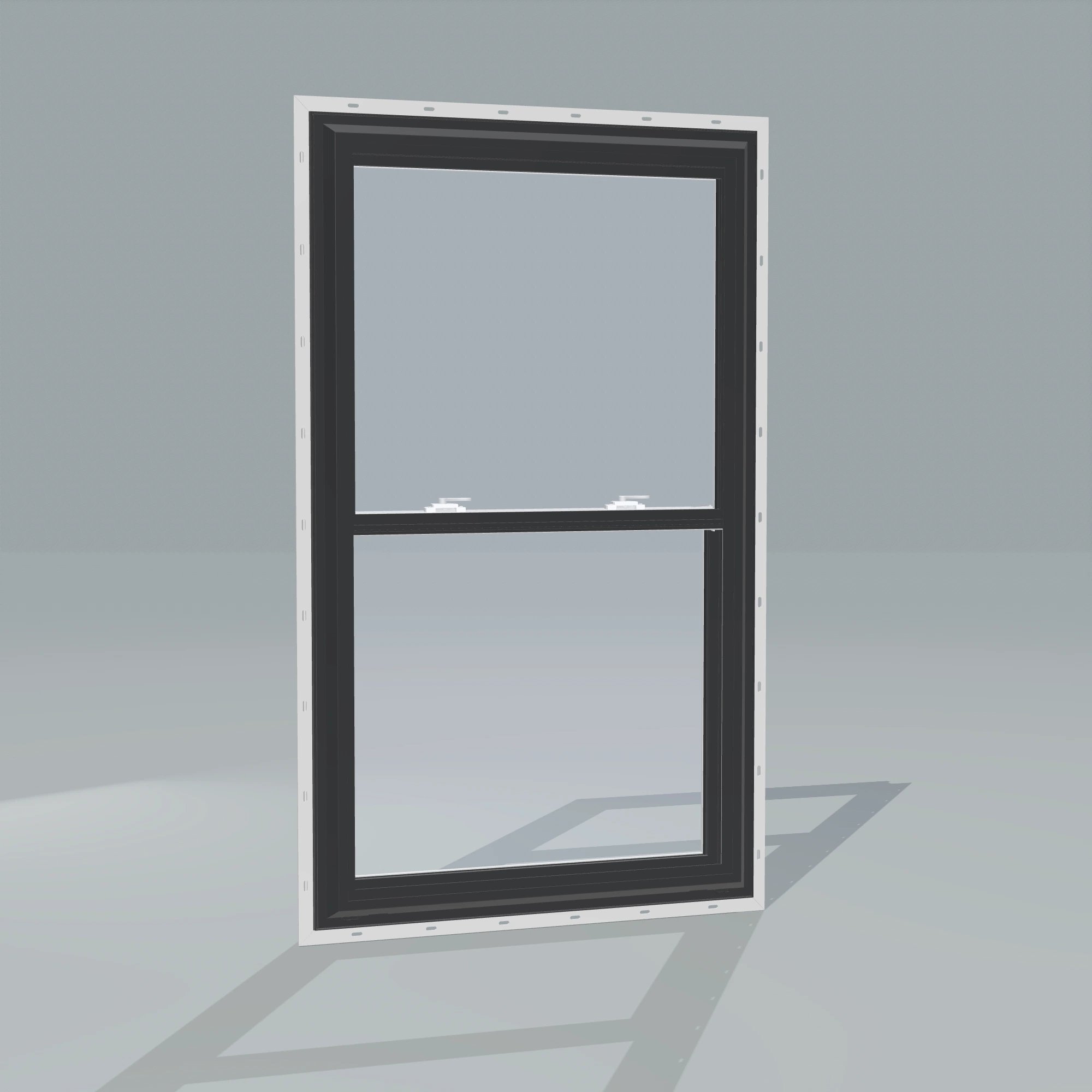 Angled exterior configurator view of the 32 × 54 inch double hung, black exterior / white interior, with nailing flange