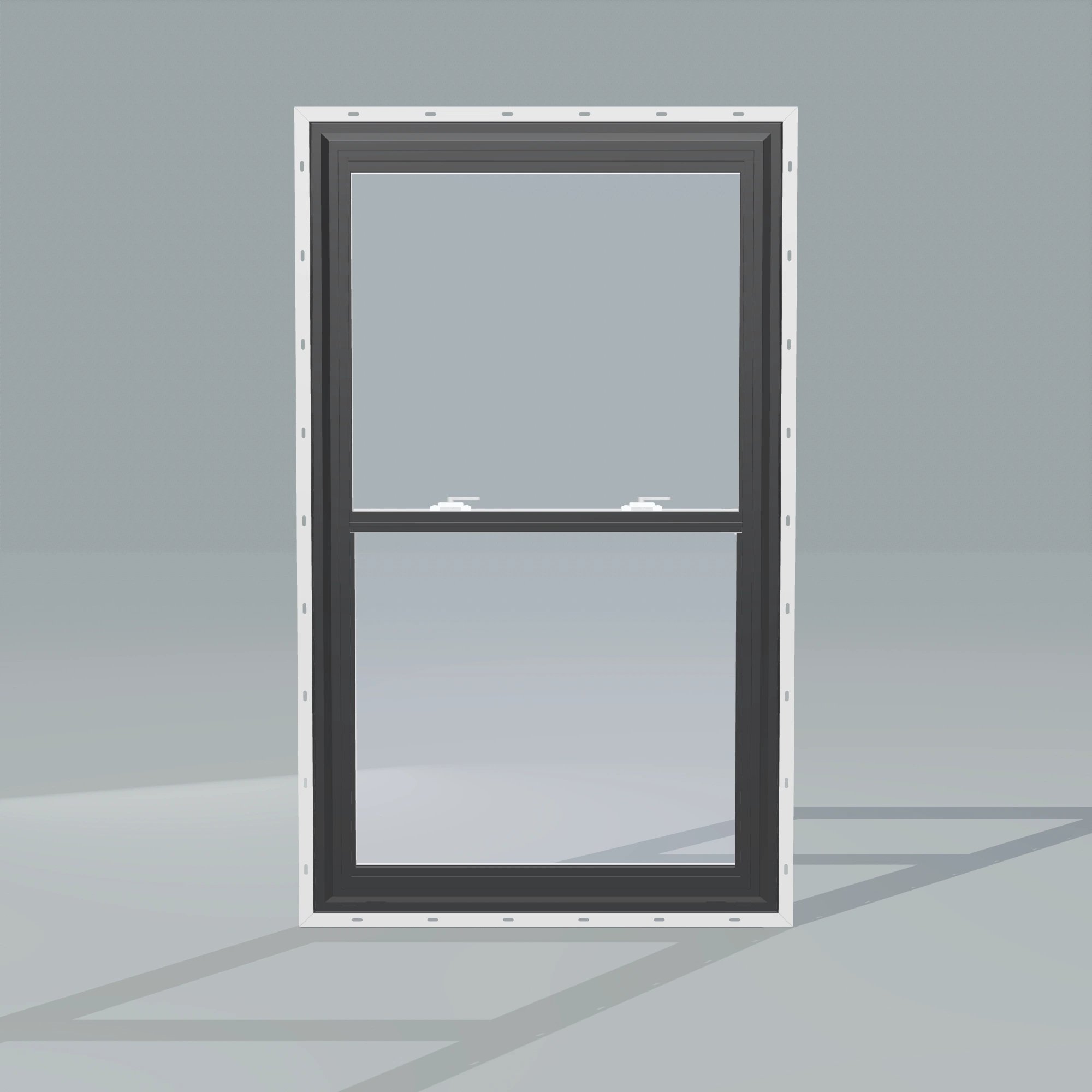 Straight exterior view of the 32 × 54 inch double hung, black exterior / white interior, with nailing flange