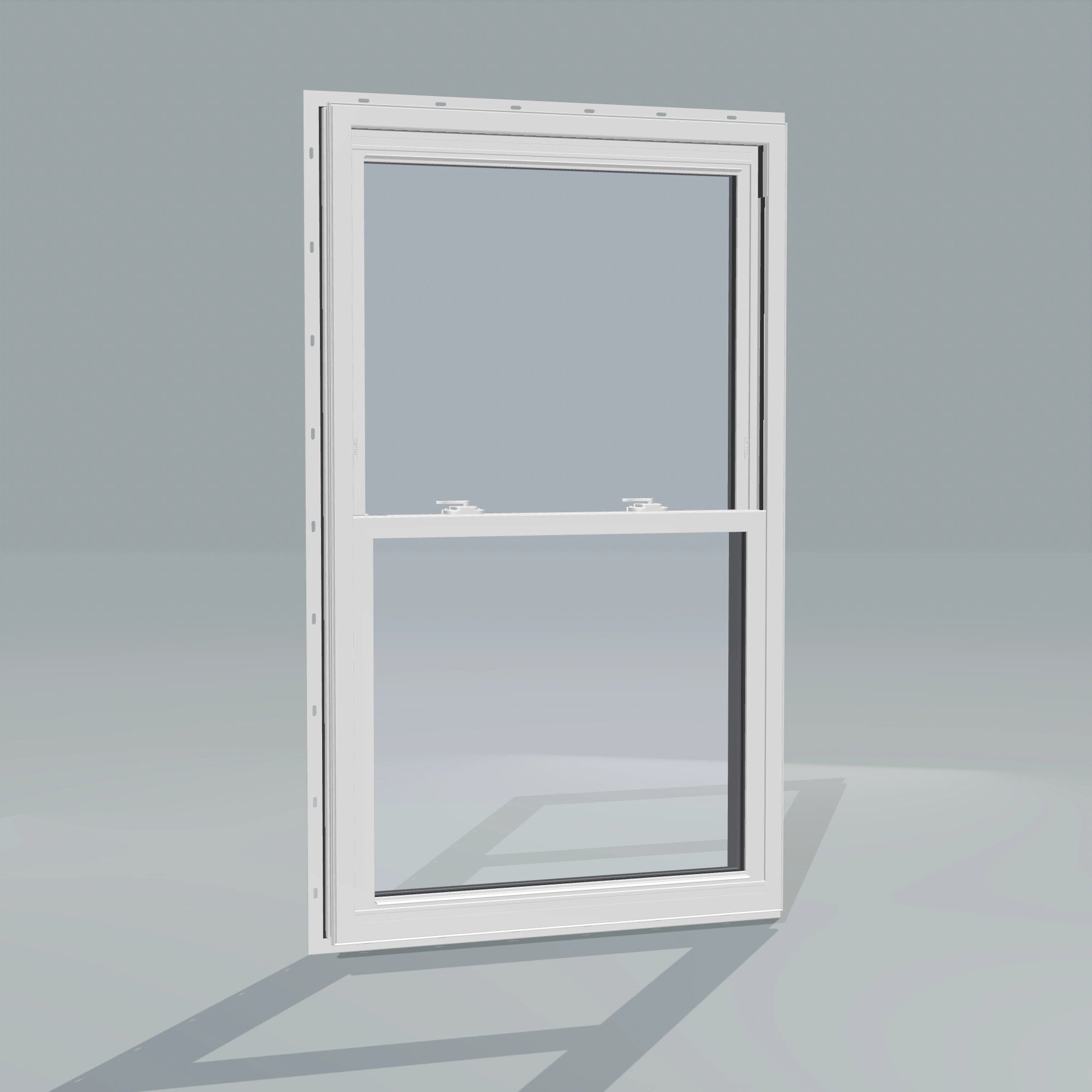Angled interior view of the 32 × 54 inch double hung, black exterior / white interior, with nailing flange