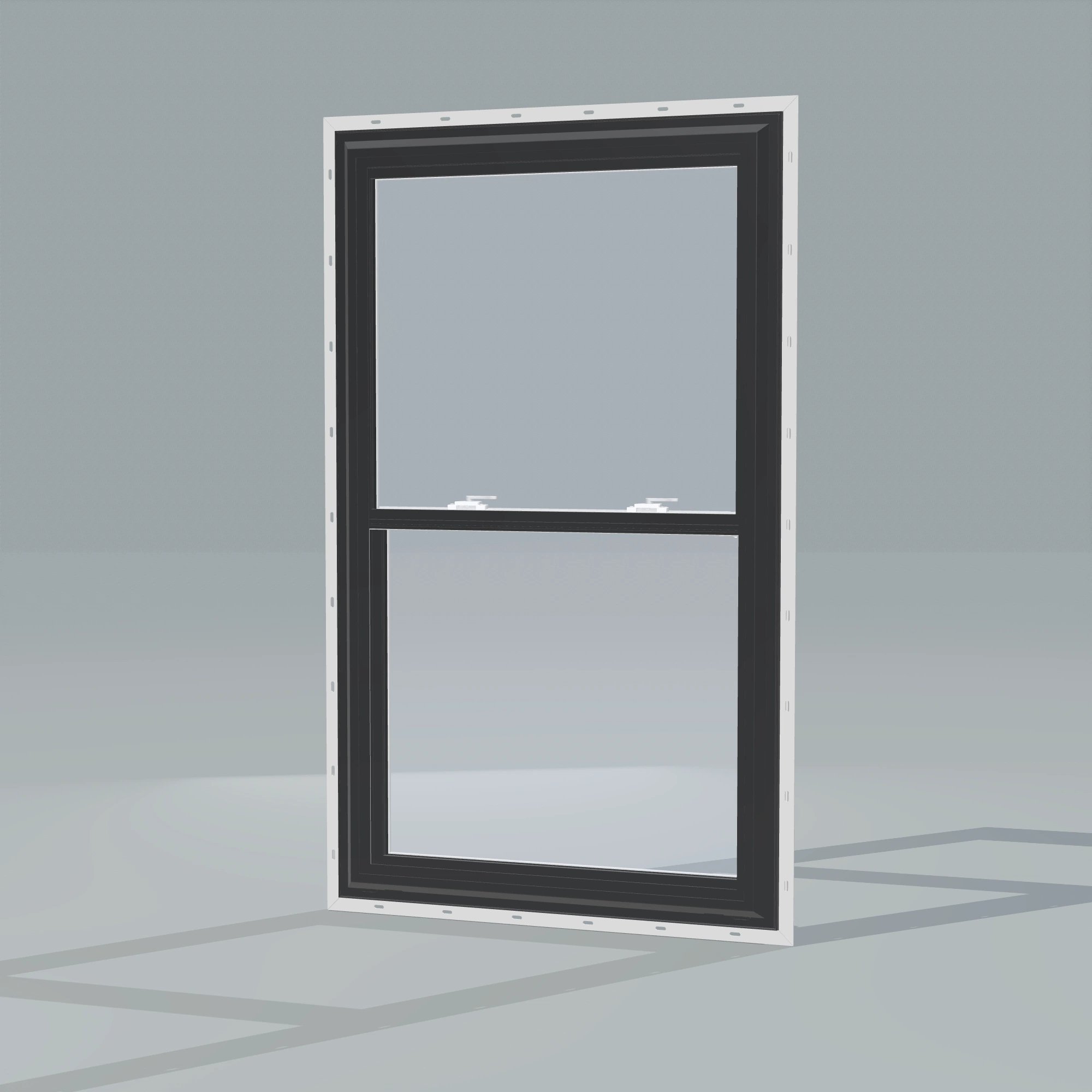 Opposite exterior angle of the 32 × 54 inch double hung, black exterior / white interior, with nailing flange