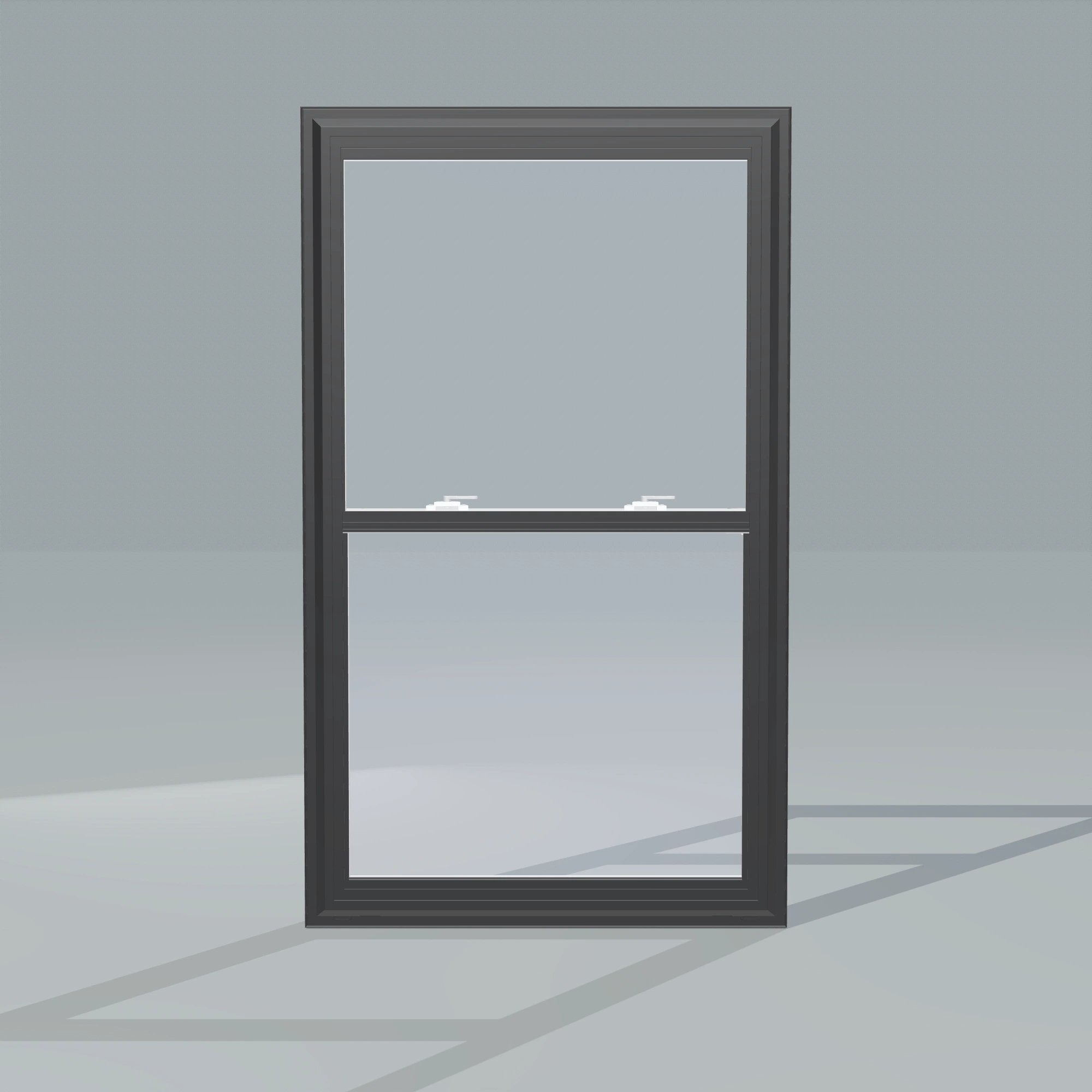 Straight exterior view of the 32 × 54 inch double hung, black exterior / white interior, without nailing flange