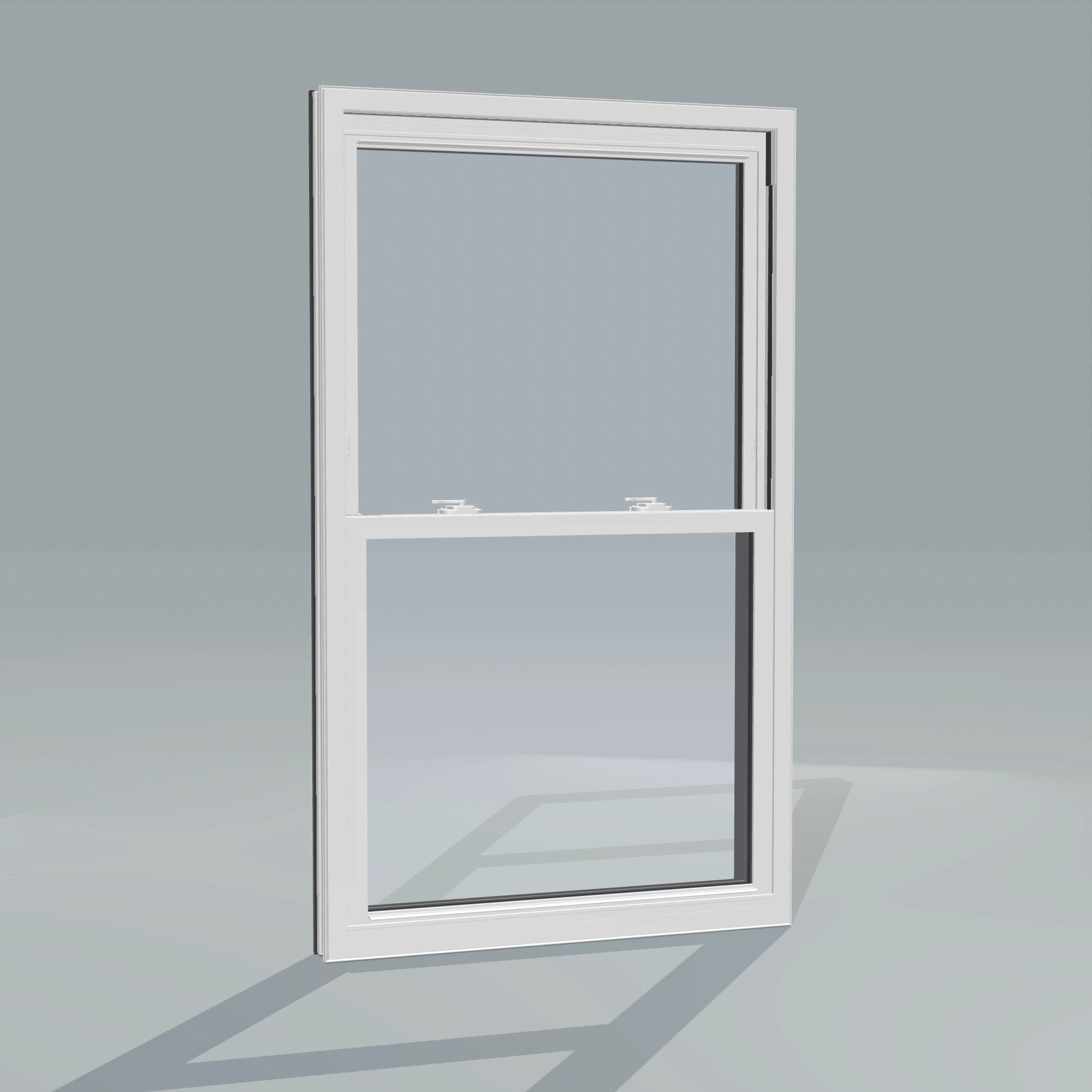 Angled interior view of the 32 × 54 inch double hung, black exterior / white interior, without nailing flange