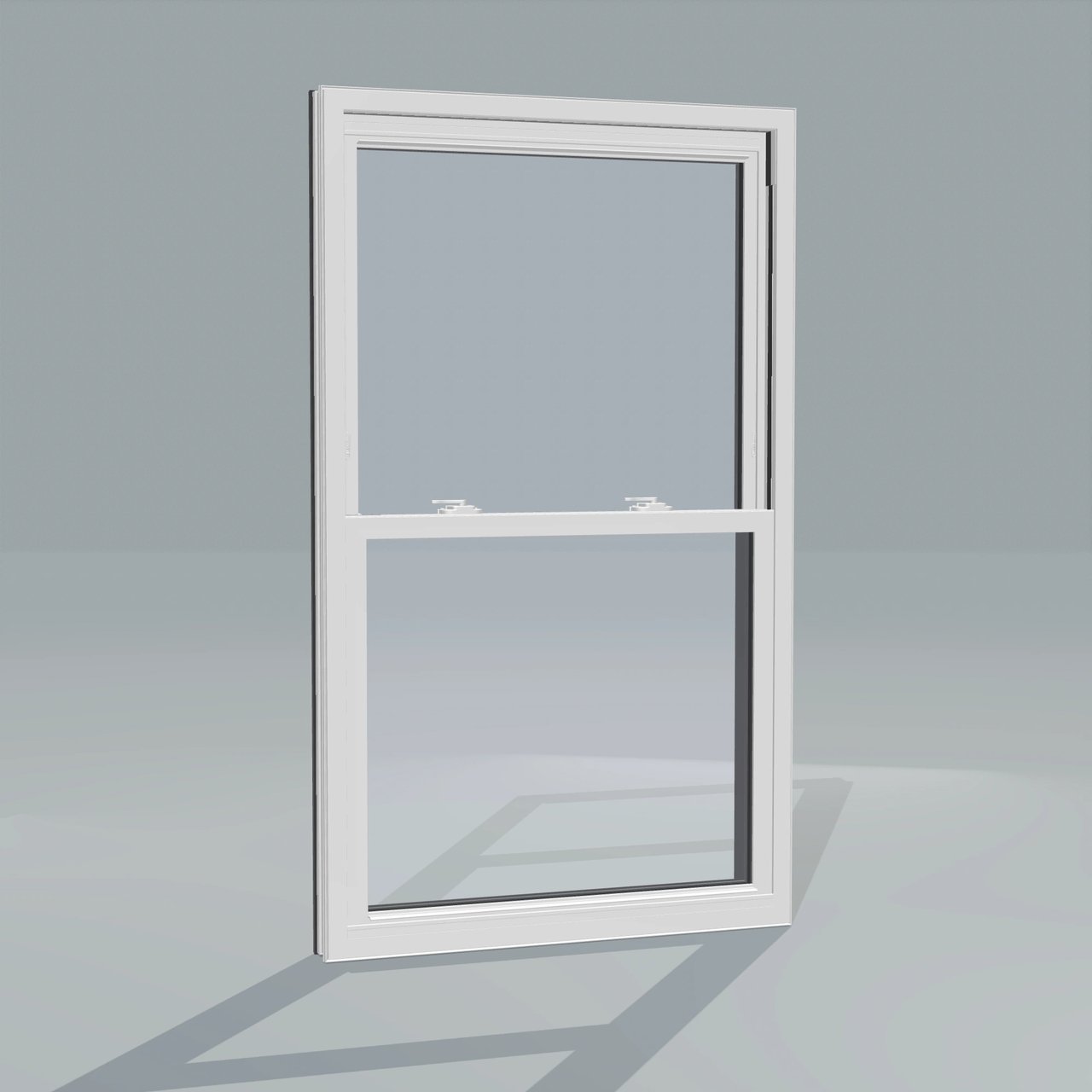Room-side Panes configurator rendering of the same 32 × 54 inch double-hung window with white interior and no nailing flange