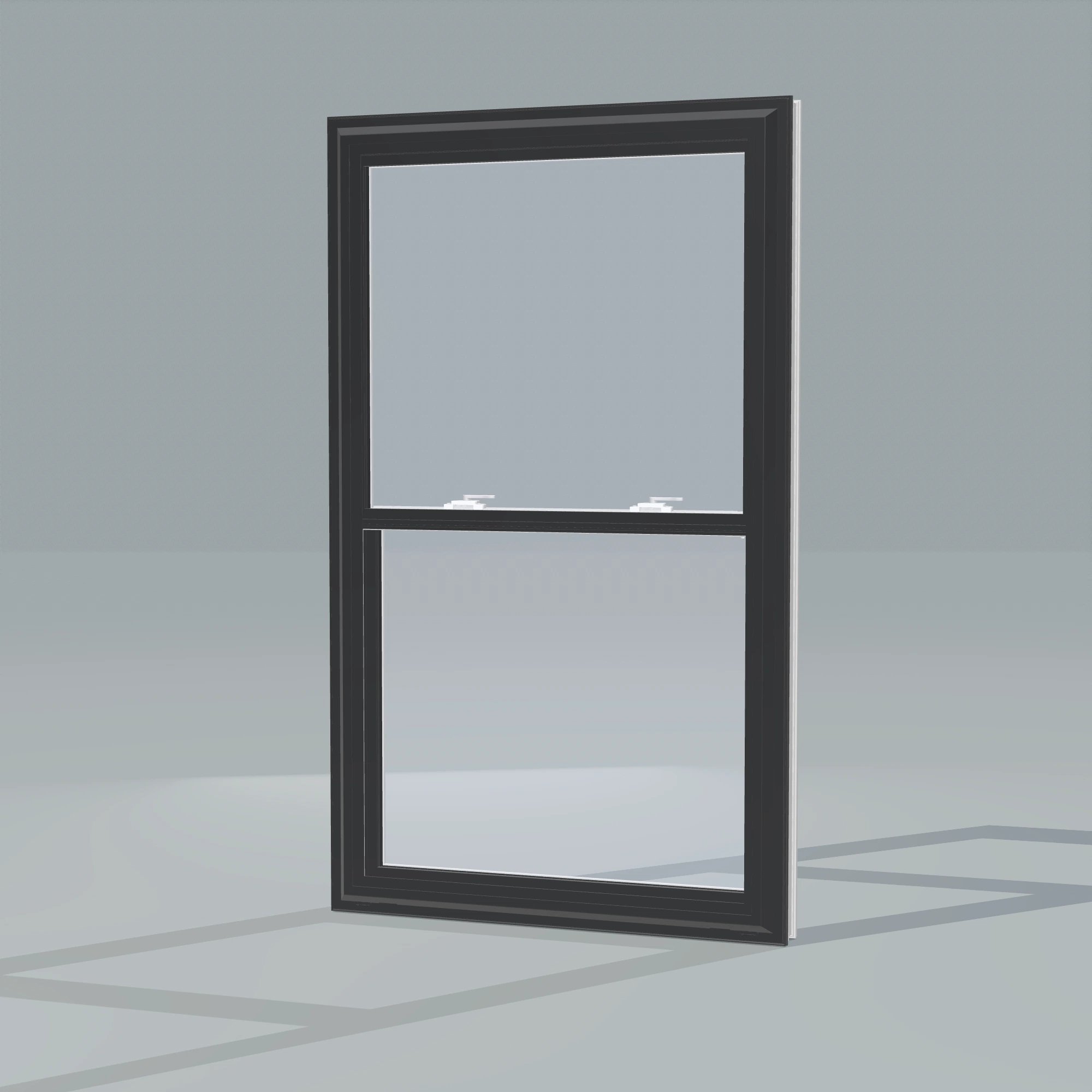 Opposite exterior angle of the 32 × 54 inch double hung, black exterior / white interior, without nailing flange