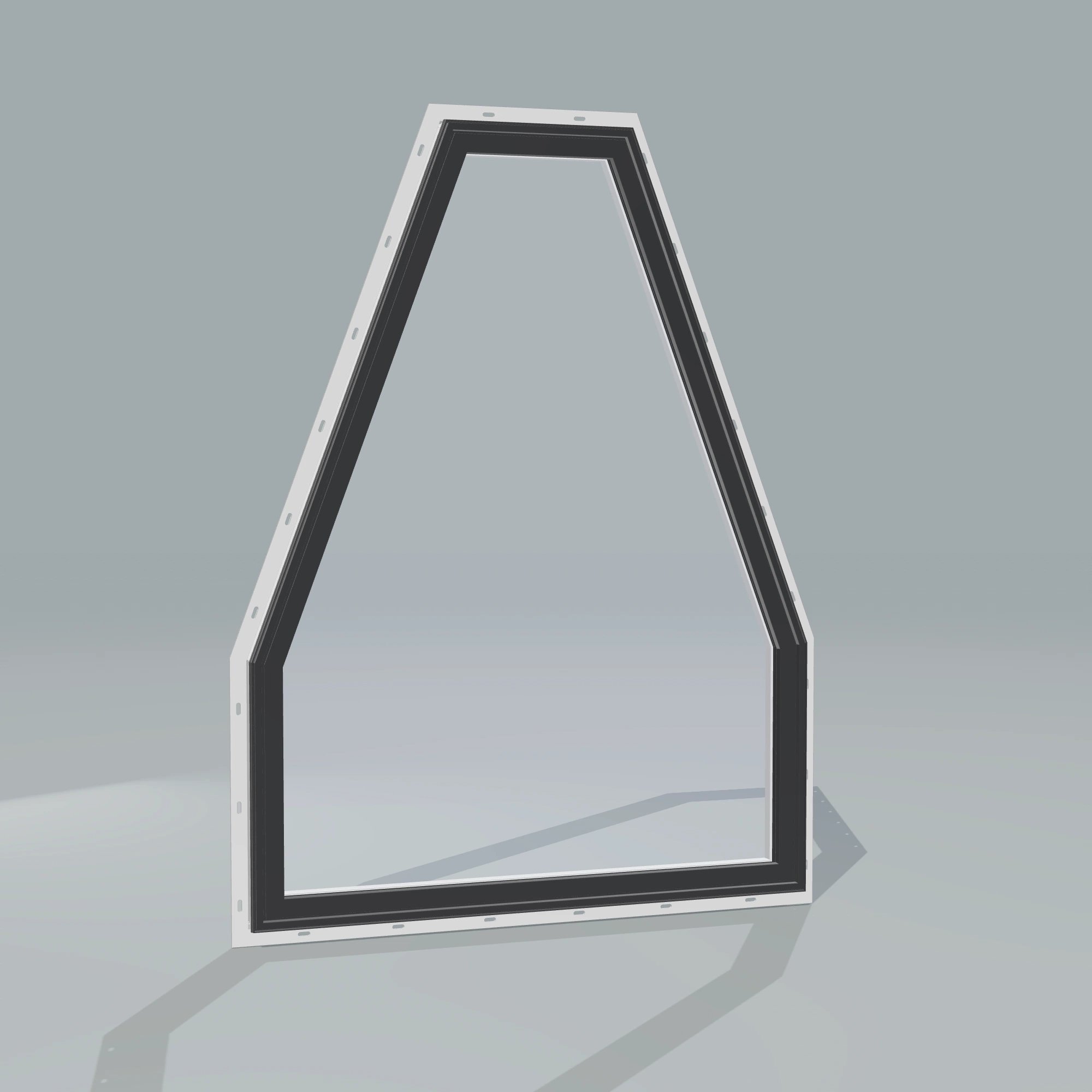 Angled exterior configurator view of the 36 × 48 inch double polygon, black exterior / white interior, with nailing flange