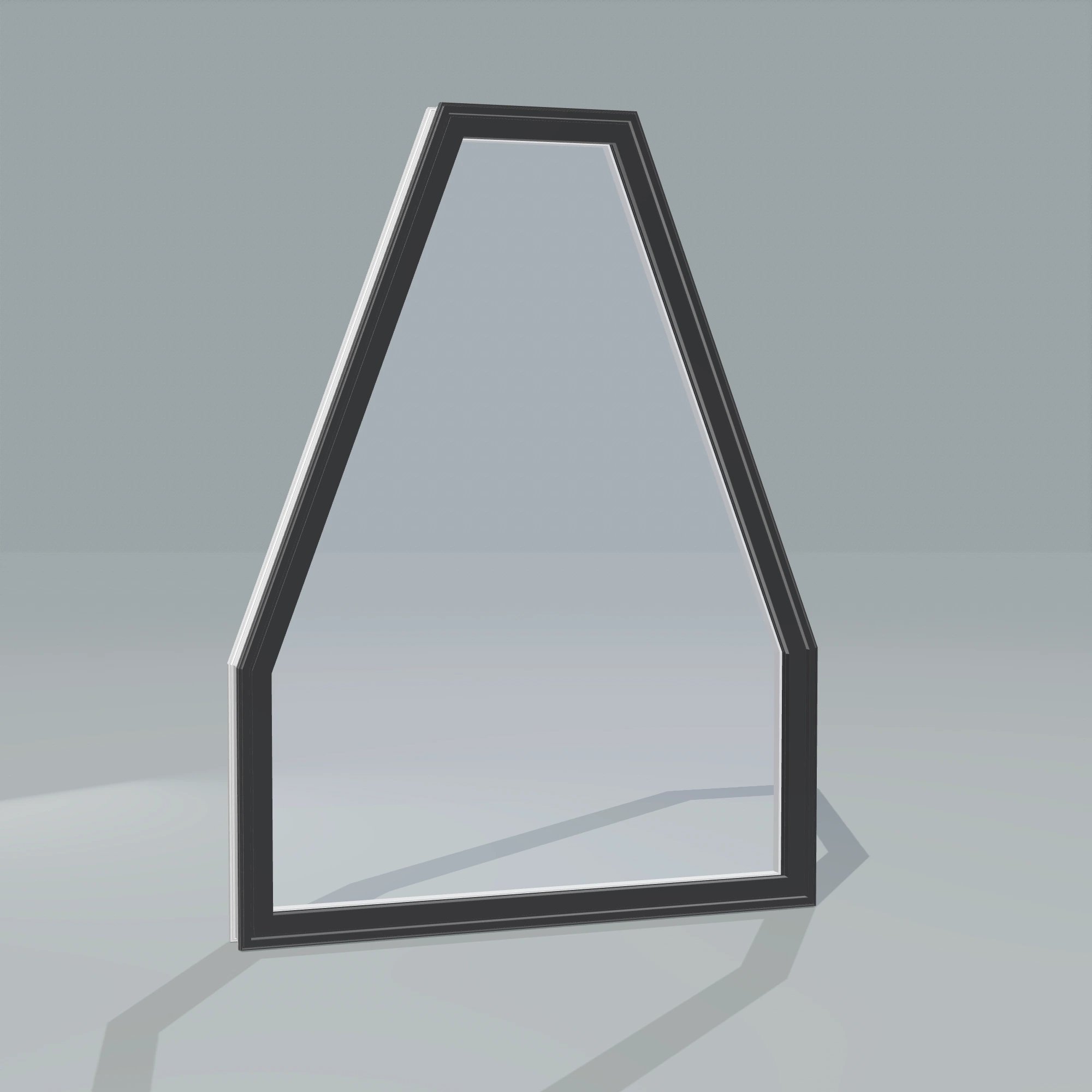 Angled exterior configurator view of the 36 × 48 inch double polygon, black exterior / white interior, without nailing flange