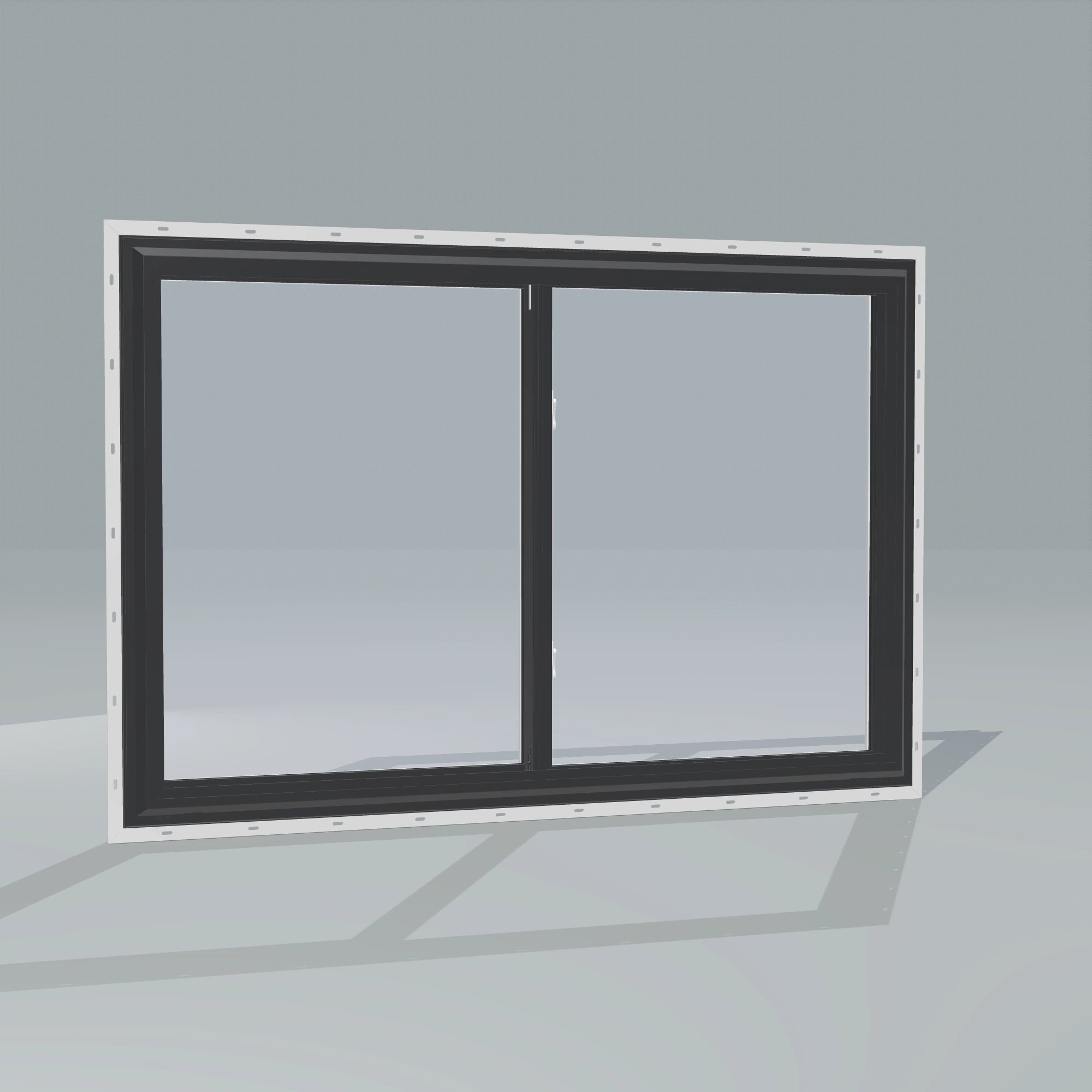 Angled exterior configurator view of the 60 × 40 inch double slider, black exterior / white interior, with nailing flange