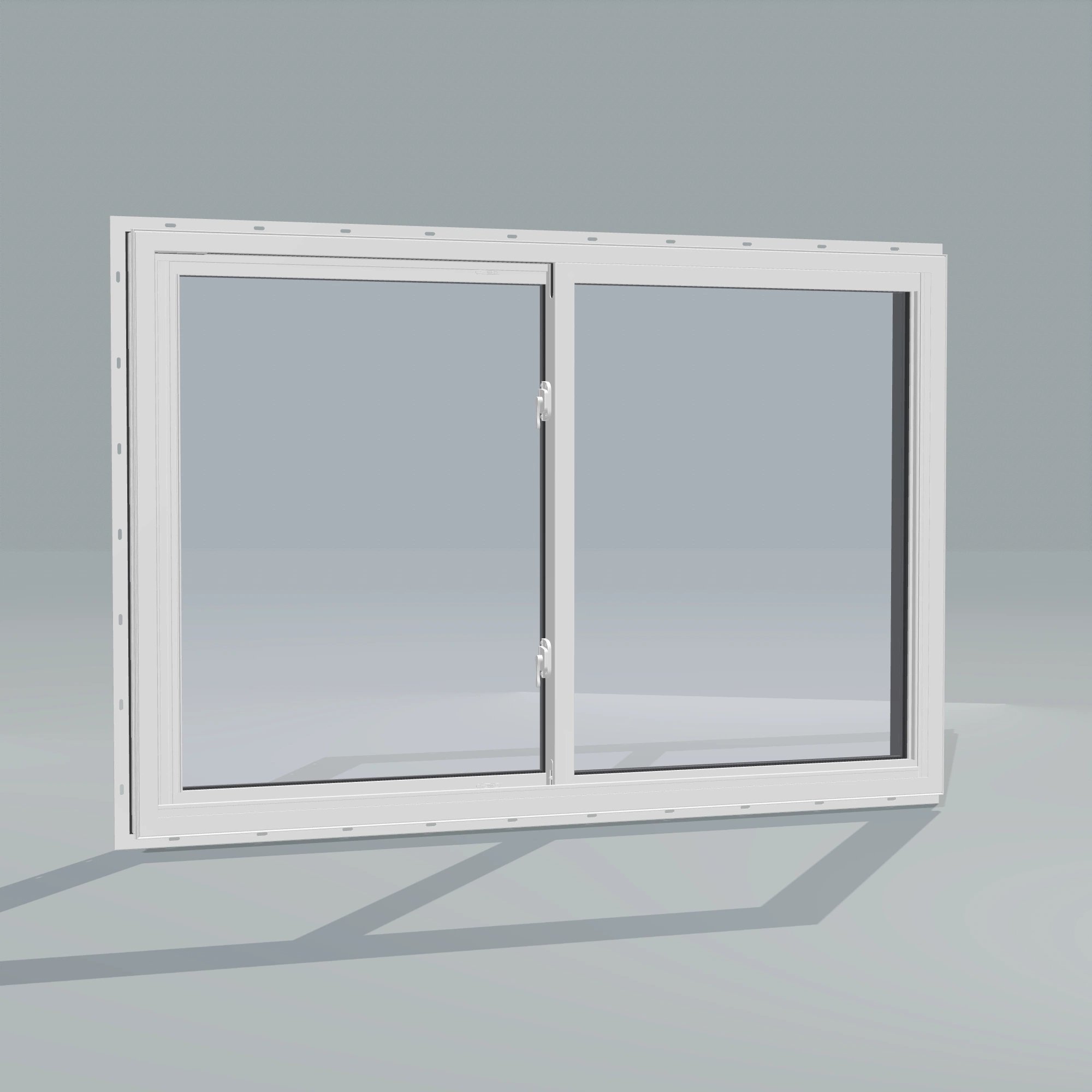 Angled interior view of the 60 × 40 inch double slider, black exterior / white interior, with nailing flange