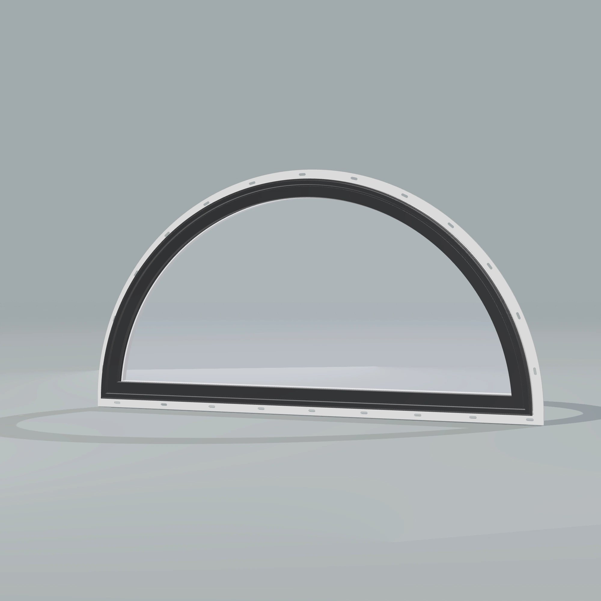 Opposite exterior angle of the 48 × 24 inch ellipse, black exterior / white interior, with nailing flange