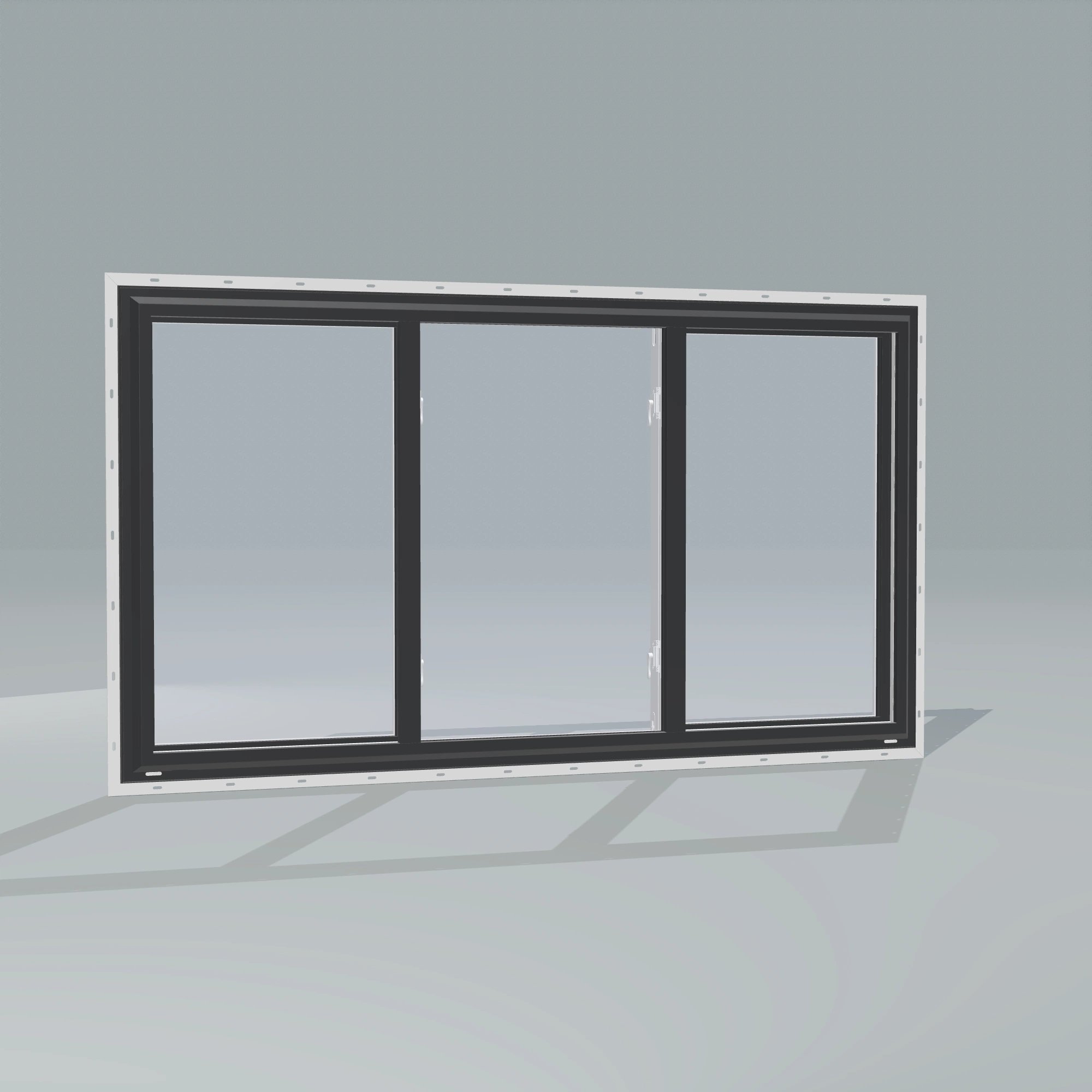 Angled exterior configurator view of the 72 × 40 inch end vent slider, black exterior / white interior, with nailing flange