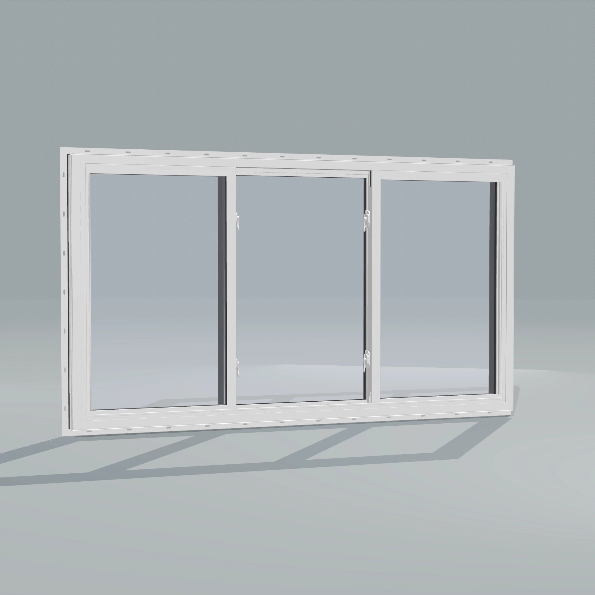 Angled interior view of the 72 × 40 inch end vent slider, black exterior / white interior, with nailing flange